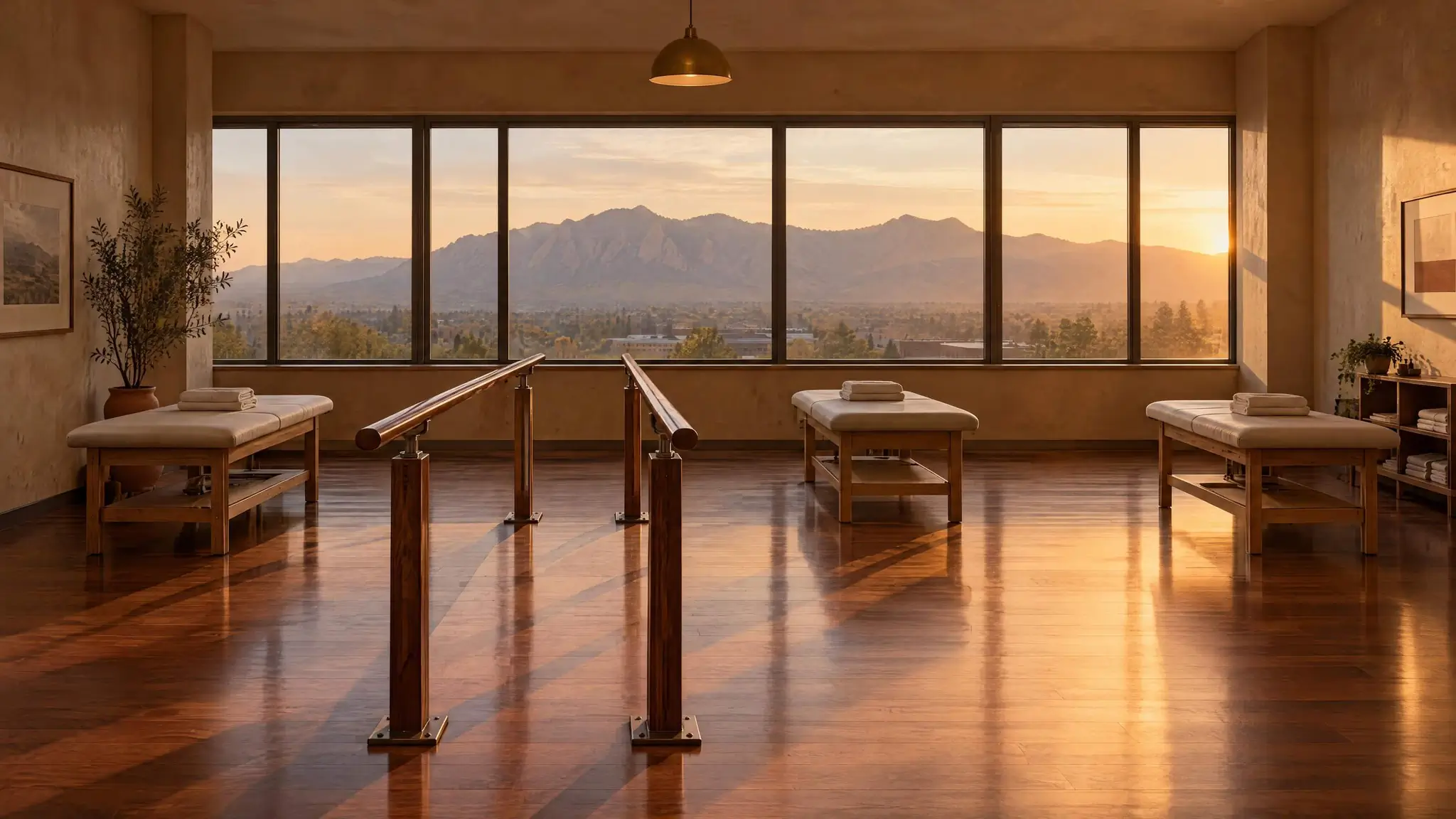 Open treatment floor with parallel bars and a tall window facing the Flatirons