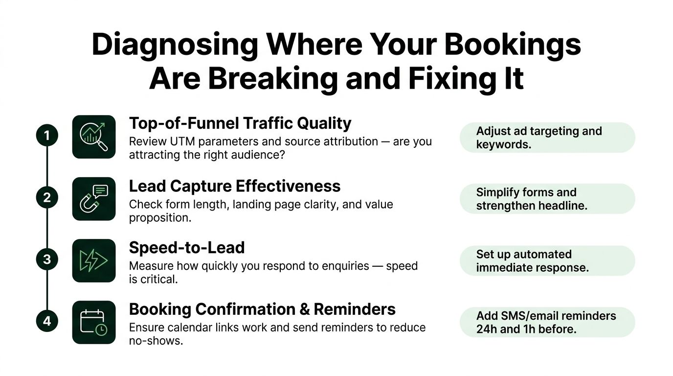 A four-step guide for diagnosing and fixing broken booking processes in a marketing sales funnel.