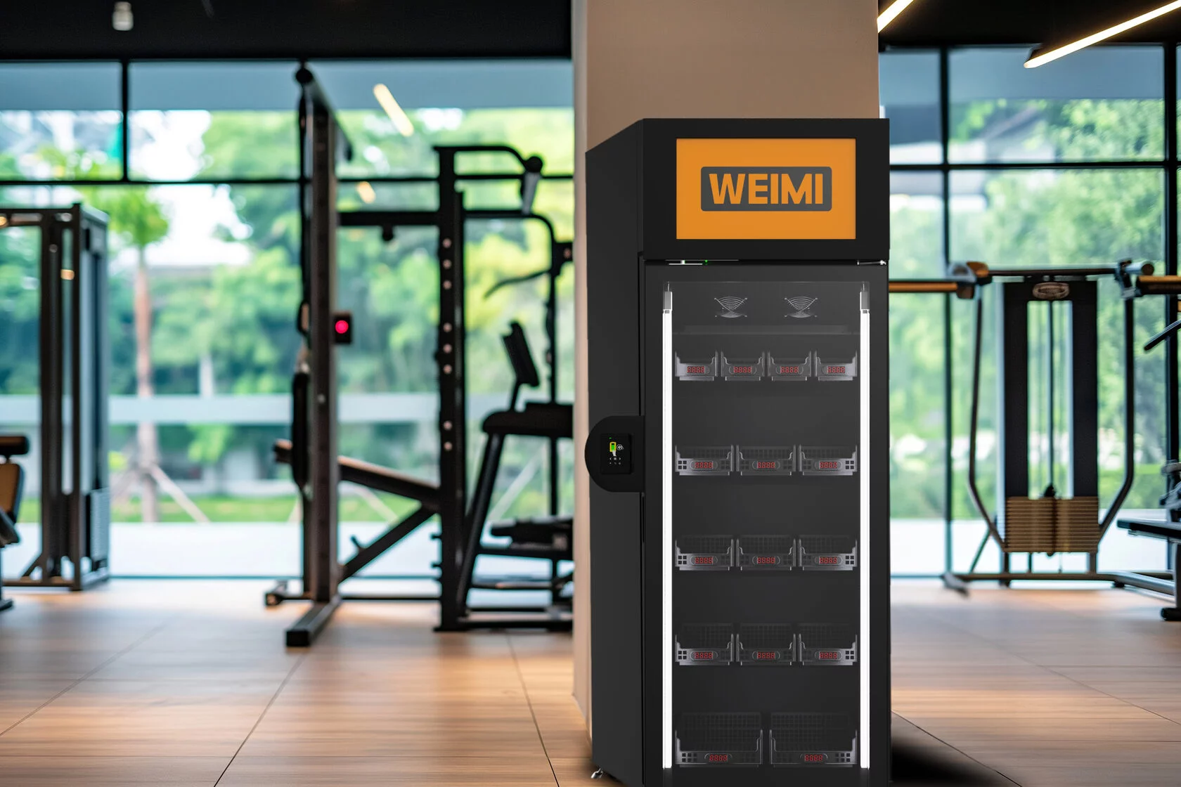 WEIMI viedais ledusskapis sporta zālē ar dzērieniem un uzkodām sportistiem