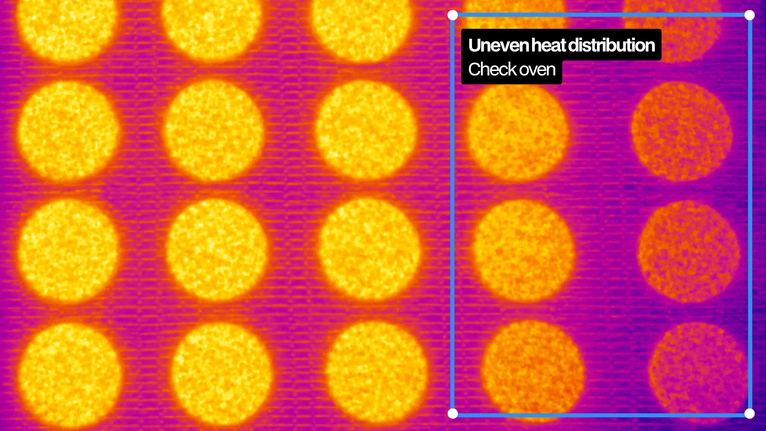Uneven cooking across the belt shown in thermal imaging