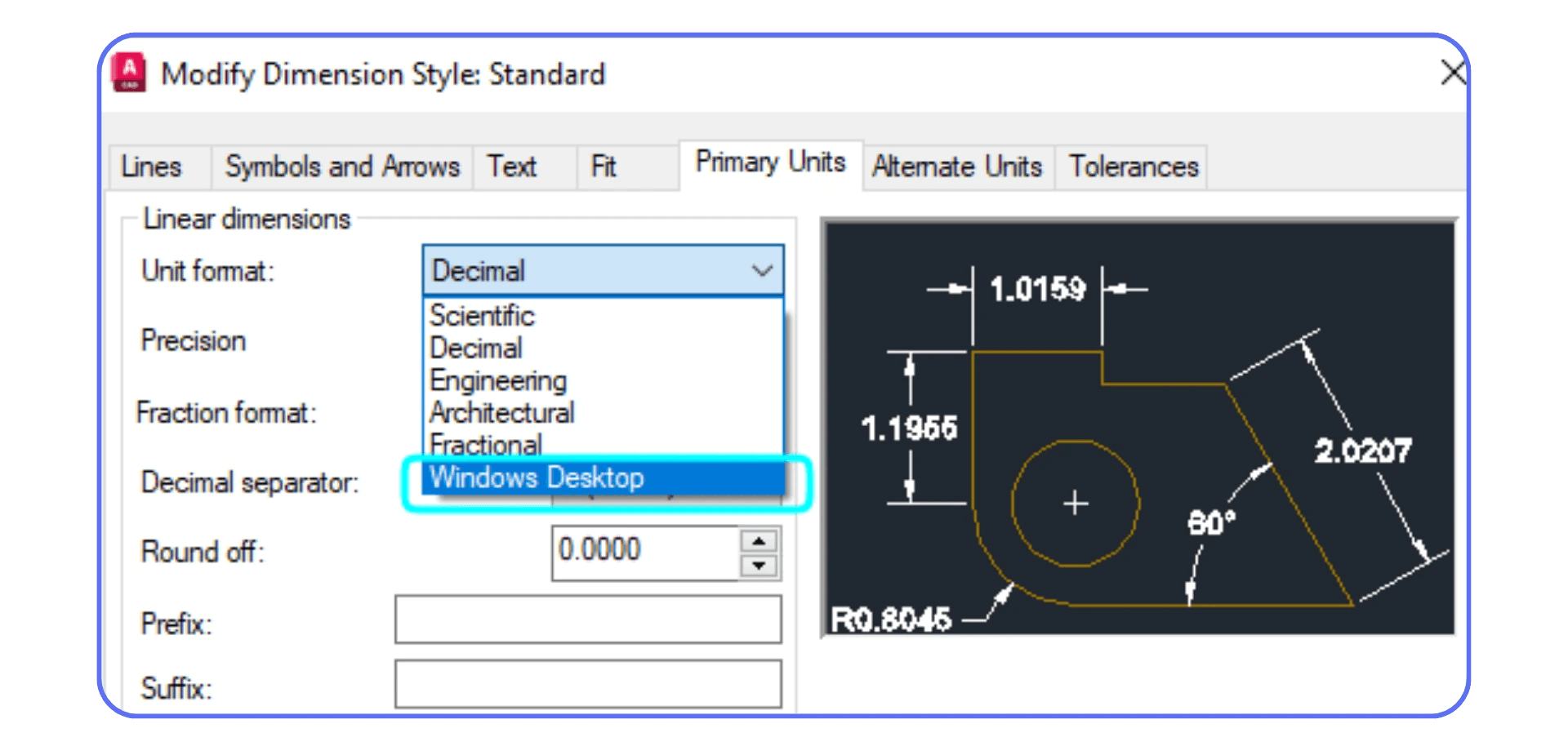 AutoCAD Modify Dimension Style window showing unit format options like Decimal, Engineering, Architectural, and Fractional.