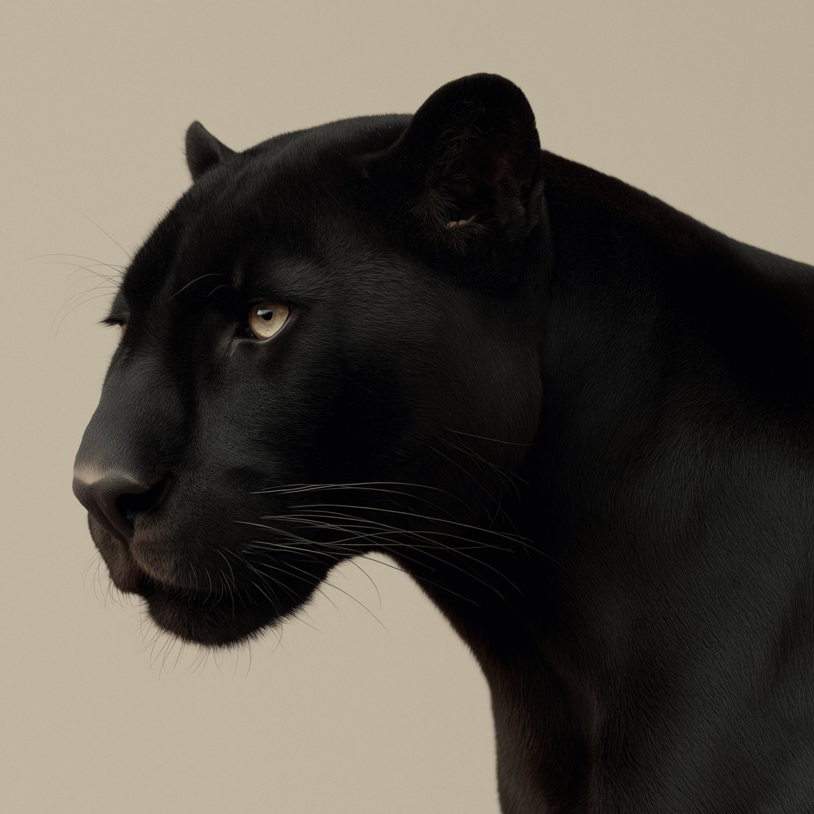 Black panther in profile against a neutral studio backdrop