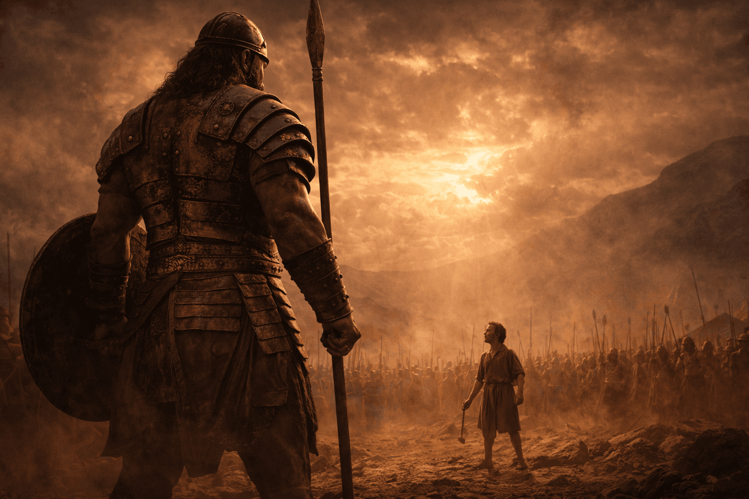 Cinematic image of Goliath towering over David on the battlefield, symbolising the biblical debate over Goliath’s height