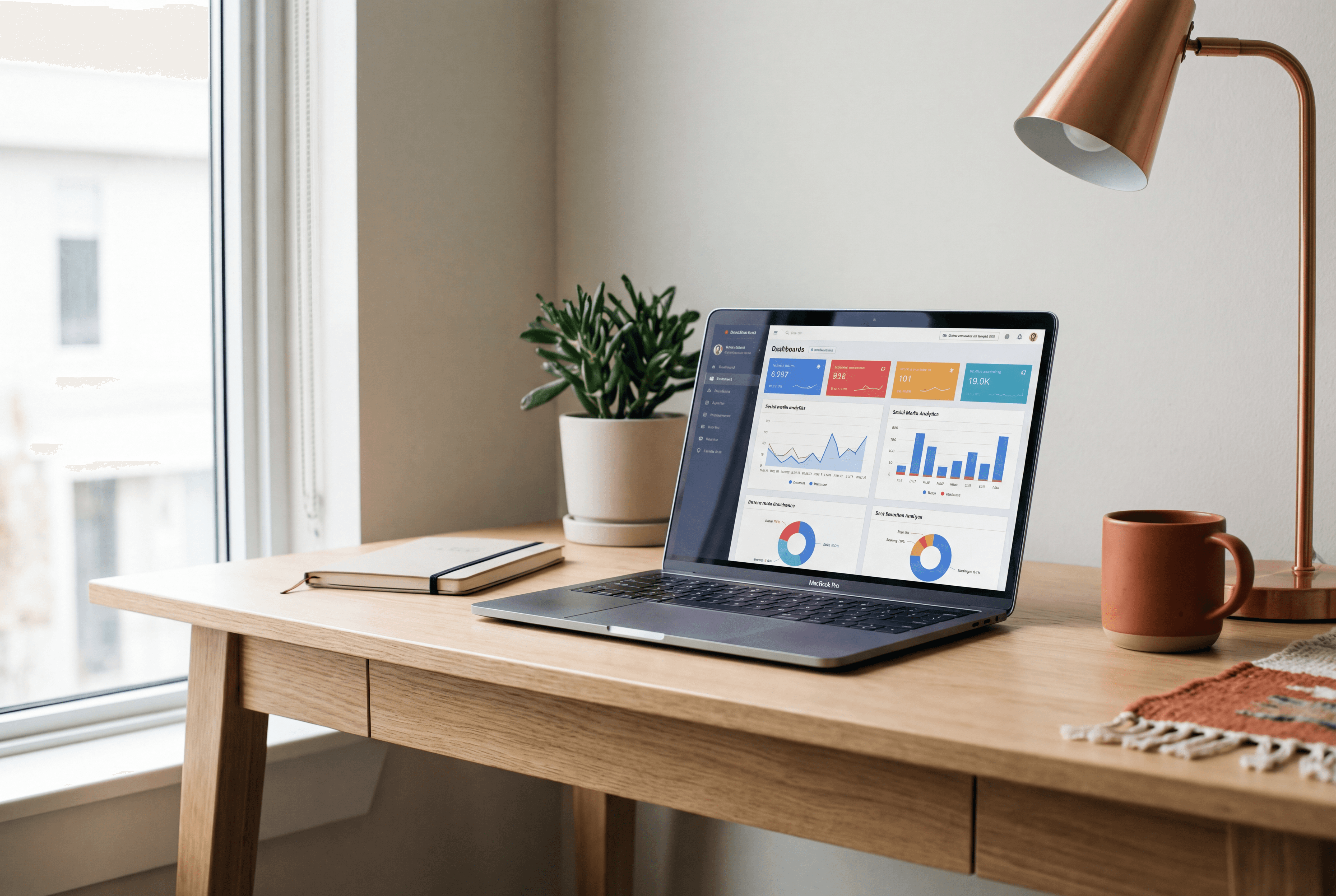 Social media analytics dashboard on a laptop in a bright minimal workspace.