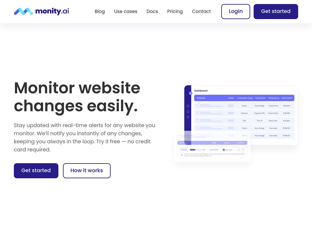 Website change monitoring interface with dashboard and notification alerts.