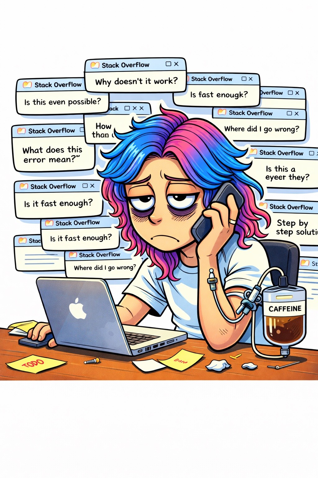 Lucy as a tired programmer surrounded by Stack Overflow tabs - ChatGPT 2D cartoon style caricature