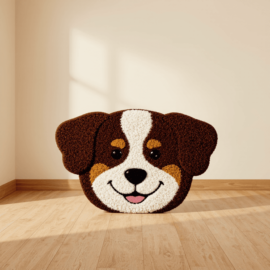 product photography of a decorative rug shaped like a dog's face, used for home decor