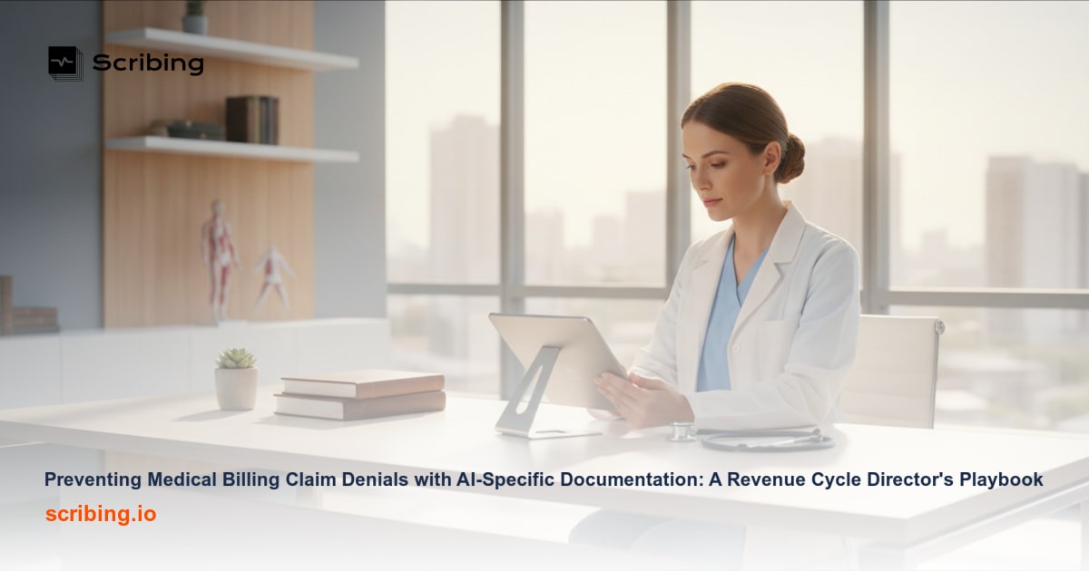 Illustration representing AI-powered documentation preventing medical billing claim denials in a healthcare revenue cycle workflow