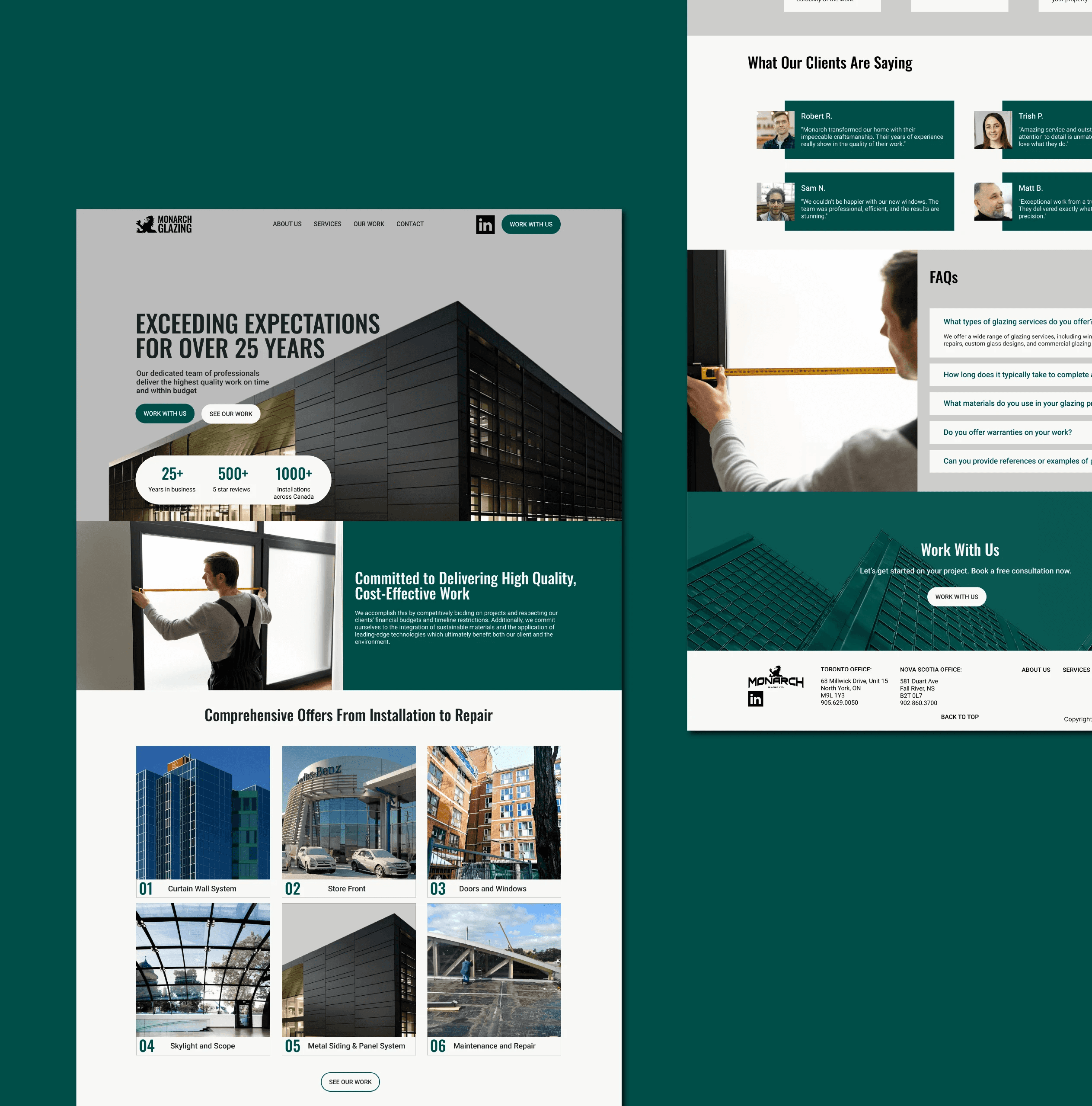 flatlay of Monarch Glazing's homepage on green background