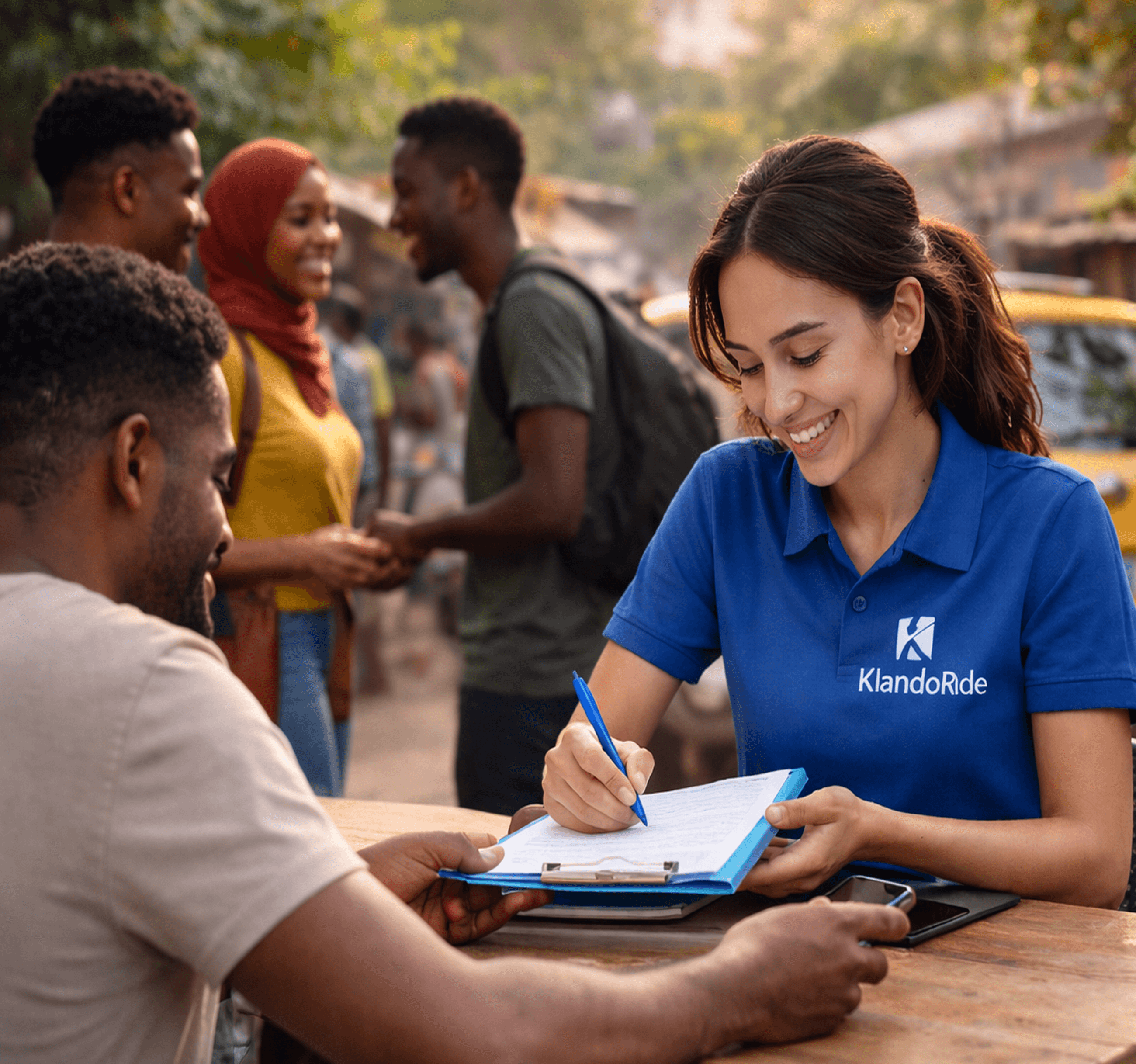 woman sitting around table holding tablet
