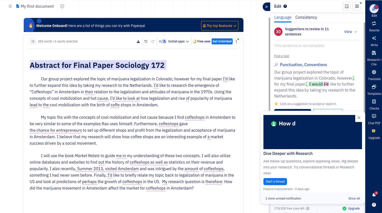 Paperpal interface showing an academic document with side panels and prompts for AI Review features
