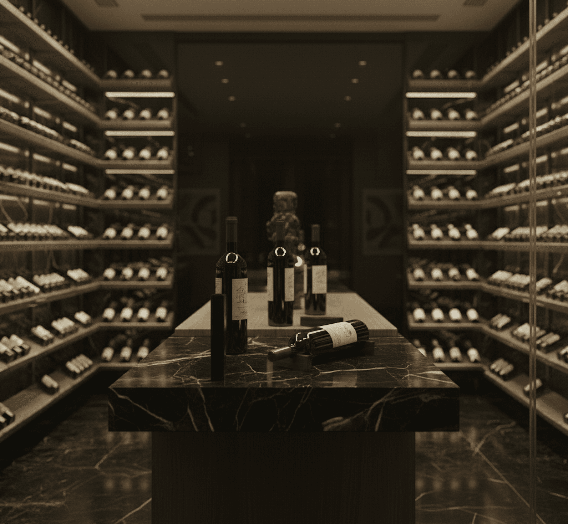 Central tasting island with black marble countertop surrounded by walnut display racking in a 624-bottle Westlake wine cellar.