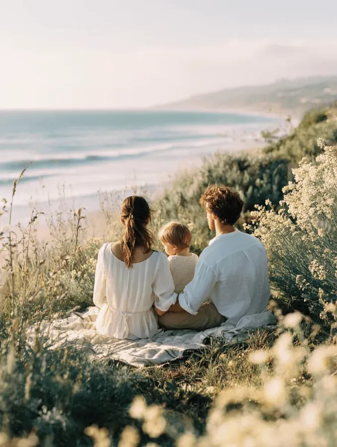 famille de dos en bord de mer