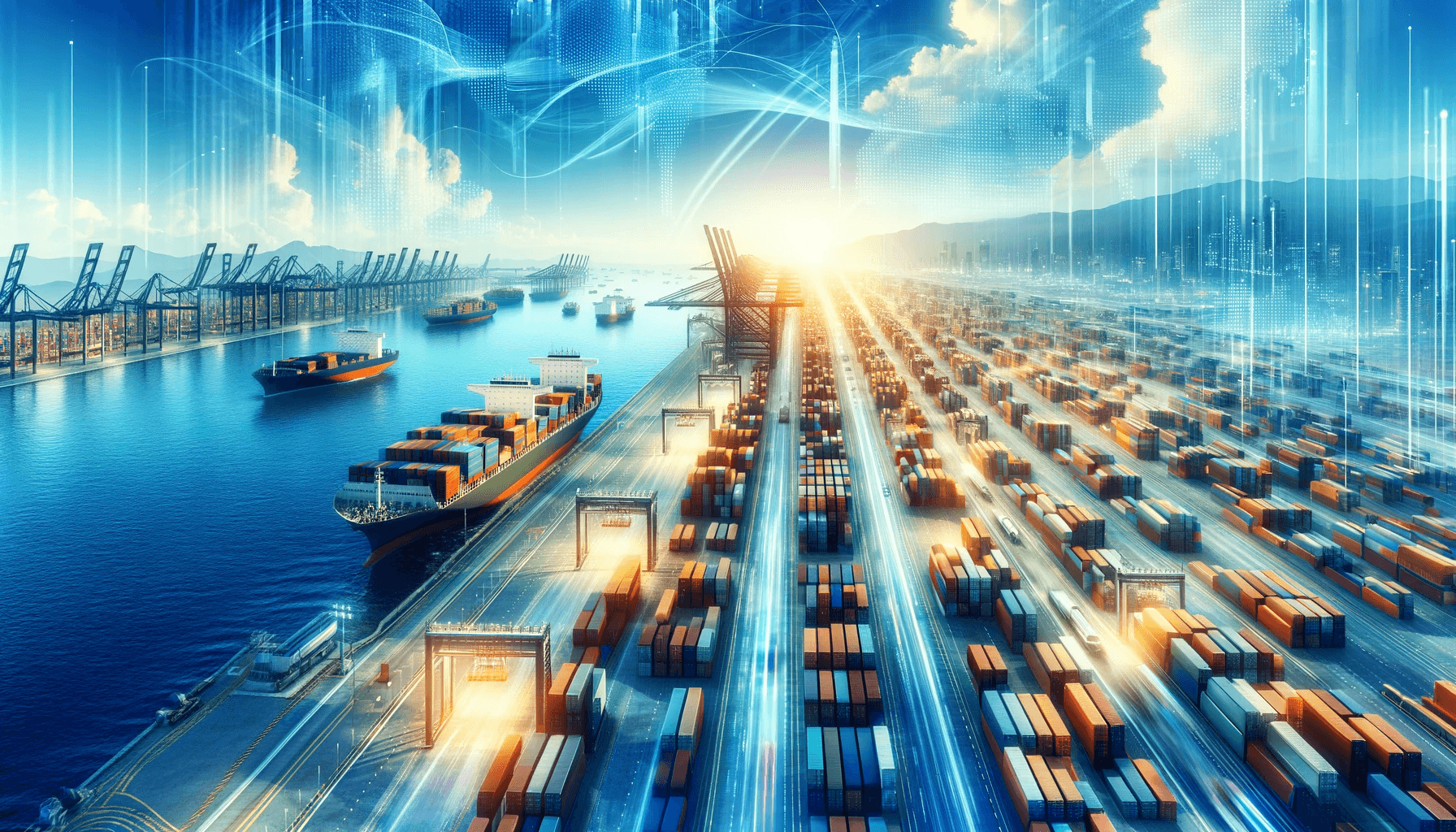 A bustling international port with cargo ships and stacked containers under a clear sky, representing global trade opportunities enabled by the E1 Visa.