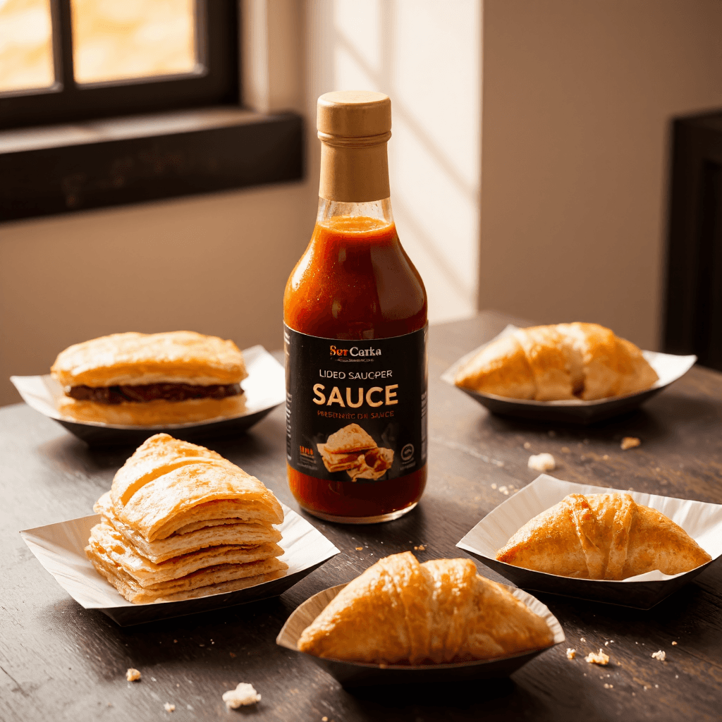 product photography of bottle of sauce and two pieces of pastry