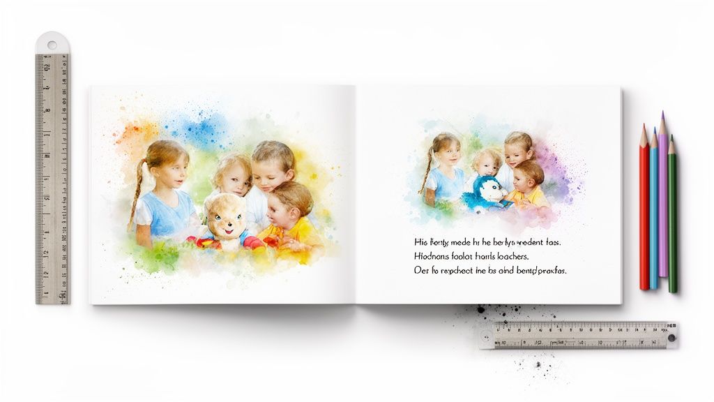 Open children's storybook displaying watercolor illustrations of kids, with rulers and colored pencils nearby.