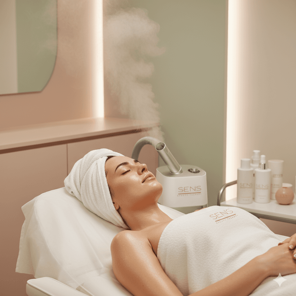 A person’s feet being gently soaked in a warm water bowl, decorated with fresh flowers and smooth stones. The scene exudes relaxation and holistic healing.