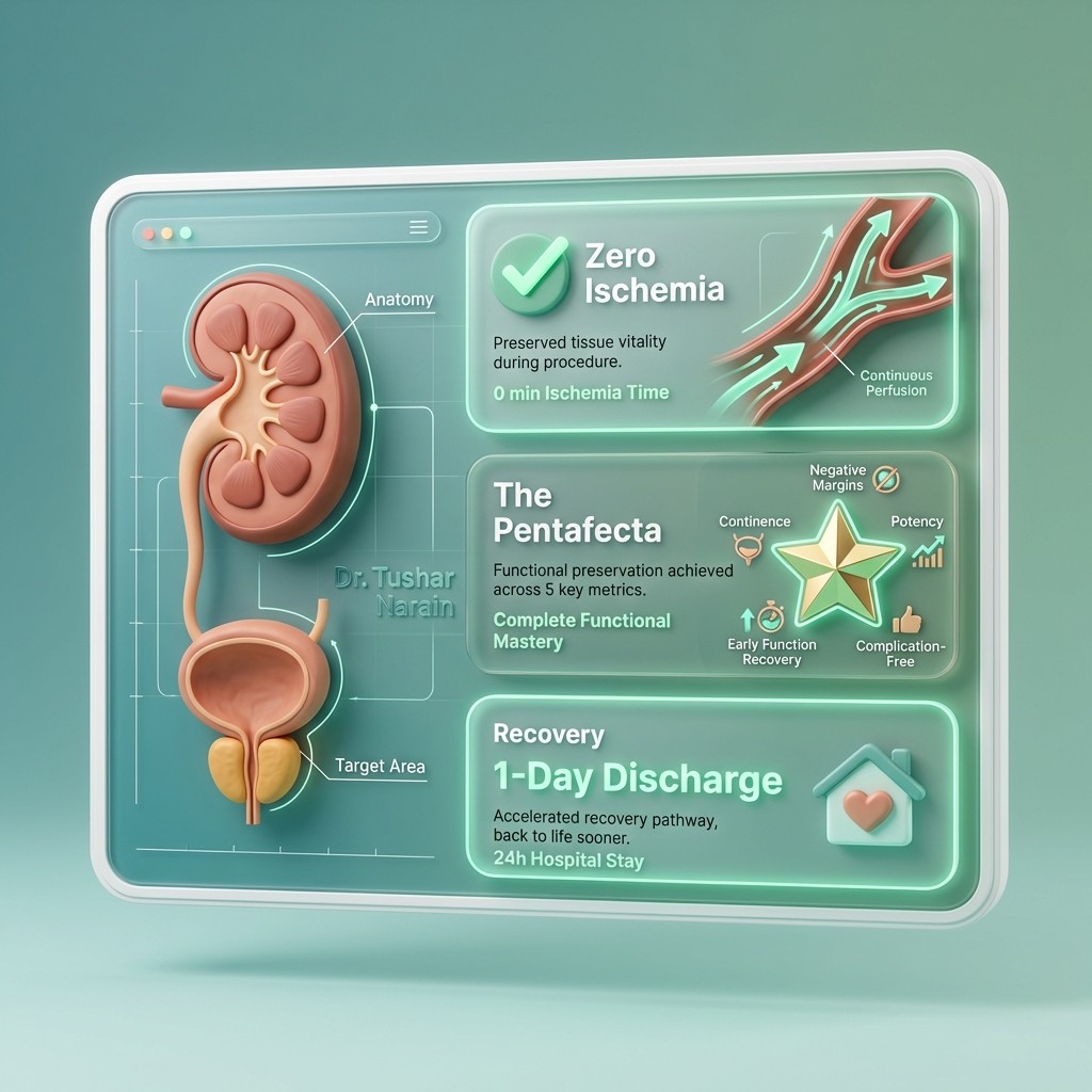 Dashboard showing zero ischemia, surgical success markers, and one-day hospital discharge.