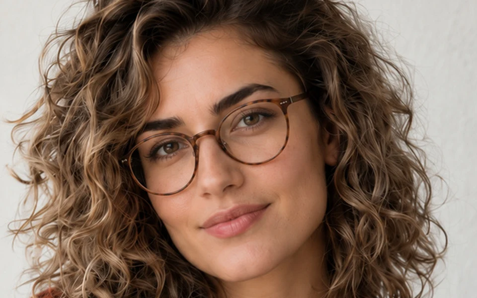 Lena Horak, a designer with curly hair and round tortoiseshell glasses