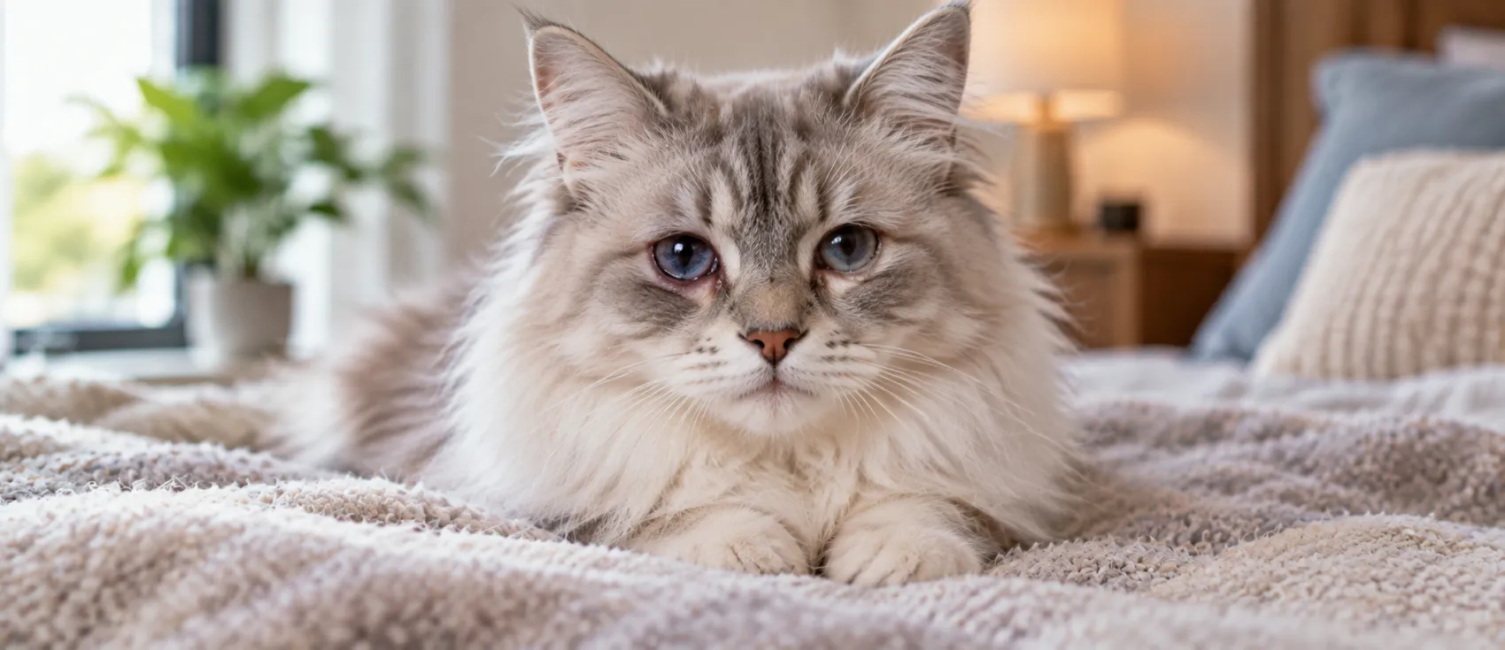 A long-haired grey cat lies on a bed with visibly watery eyes.