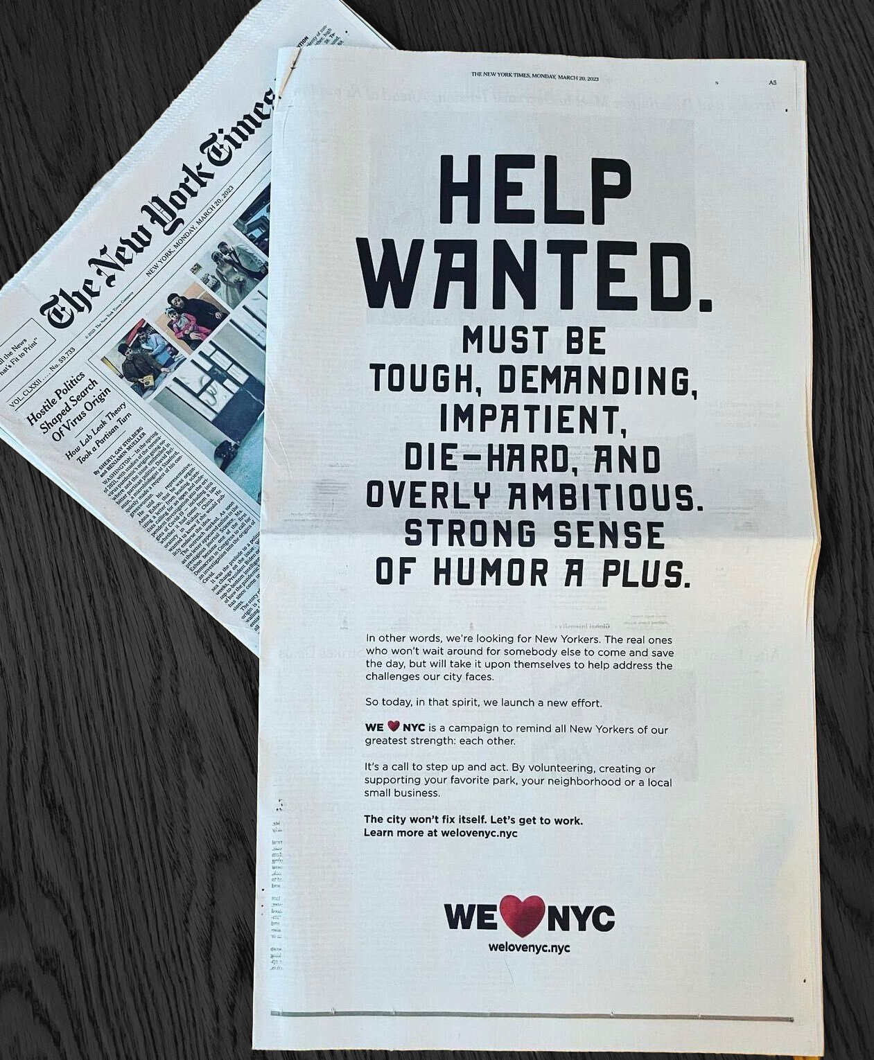 New York Times print edition with full page ad for We Love NYC