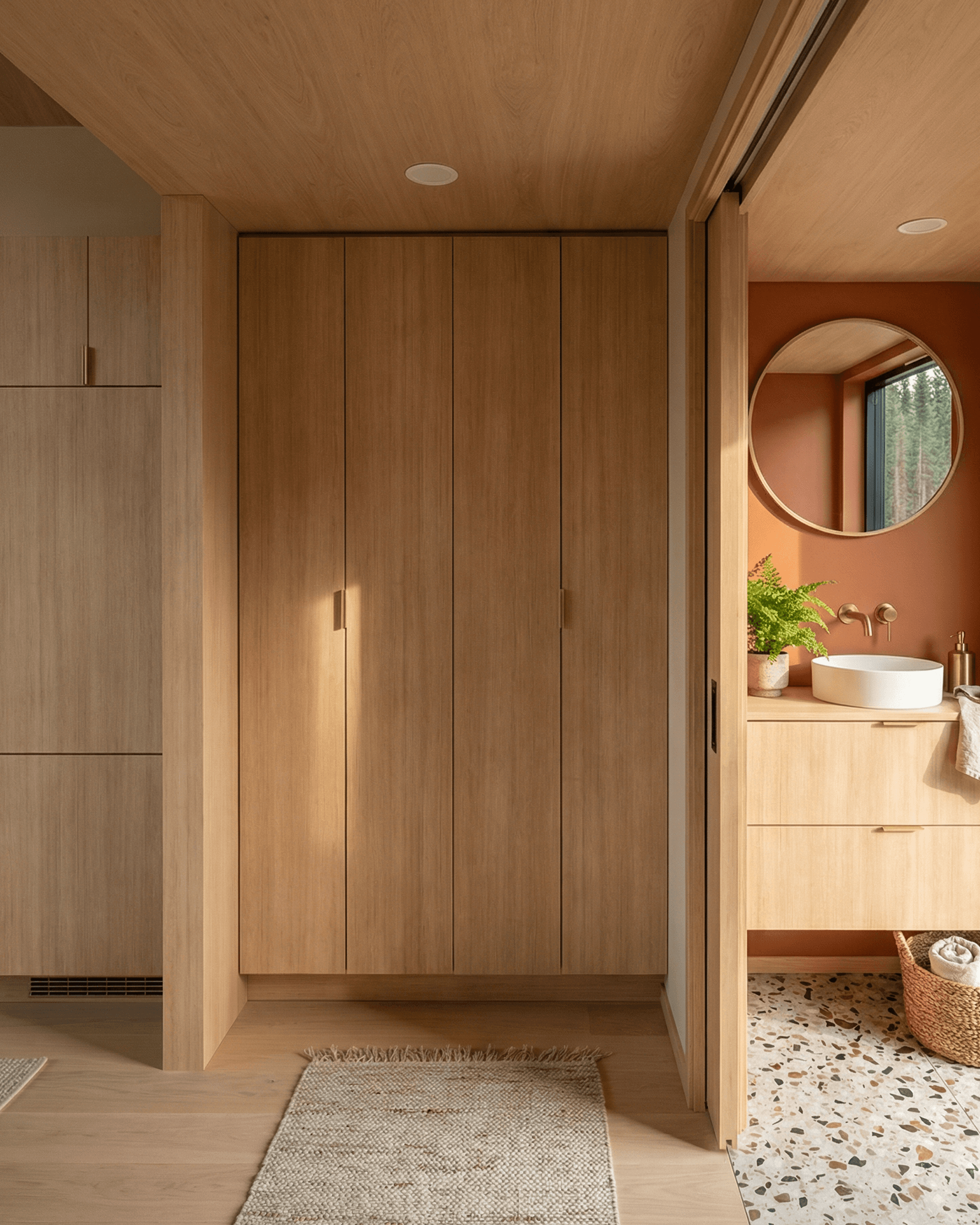 Built-in storage cupboard in a modern cabin design, featuring full-height timber cabinetry and integrated laundry space within a compact small cabin layout.