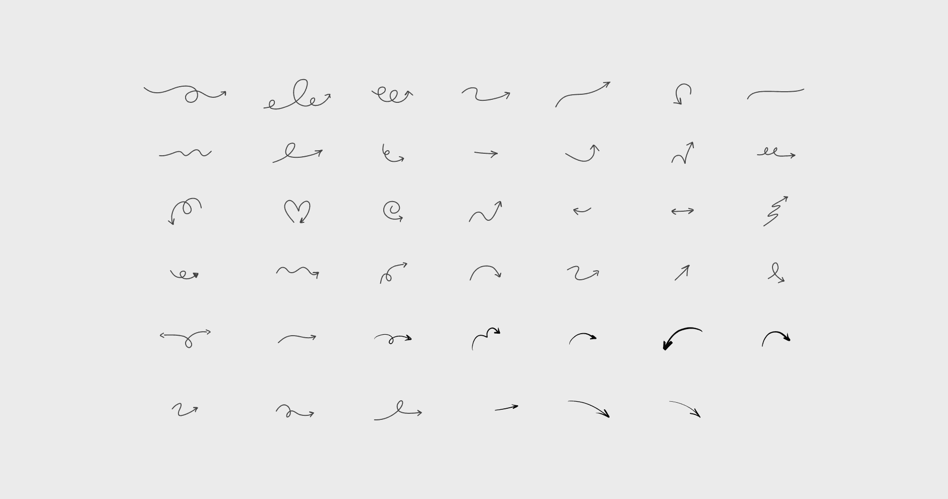 Grid of about forty hand-drawn arrow scribbles in different weights and curvatures.
