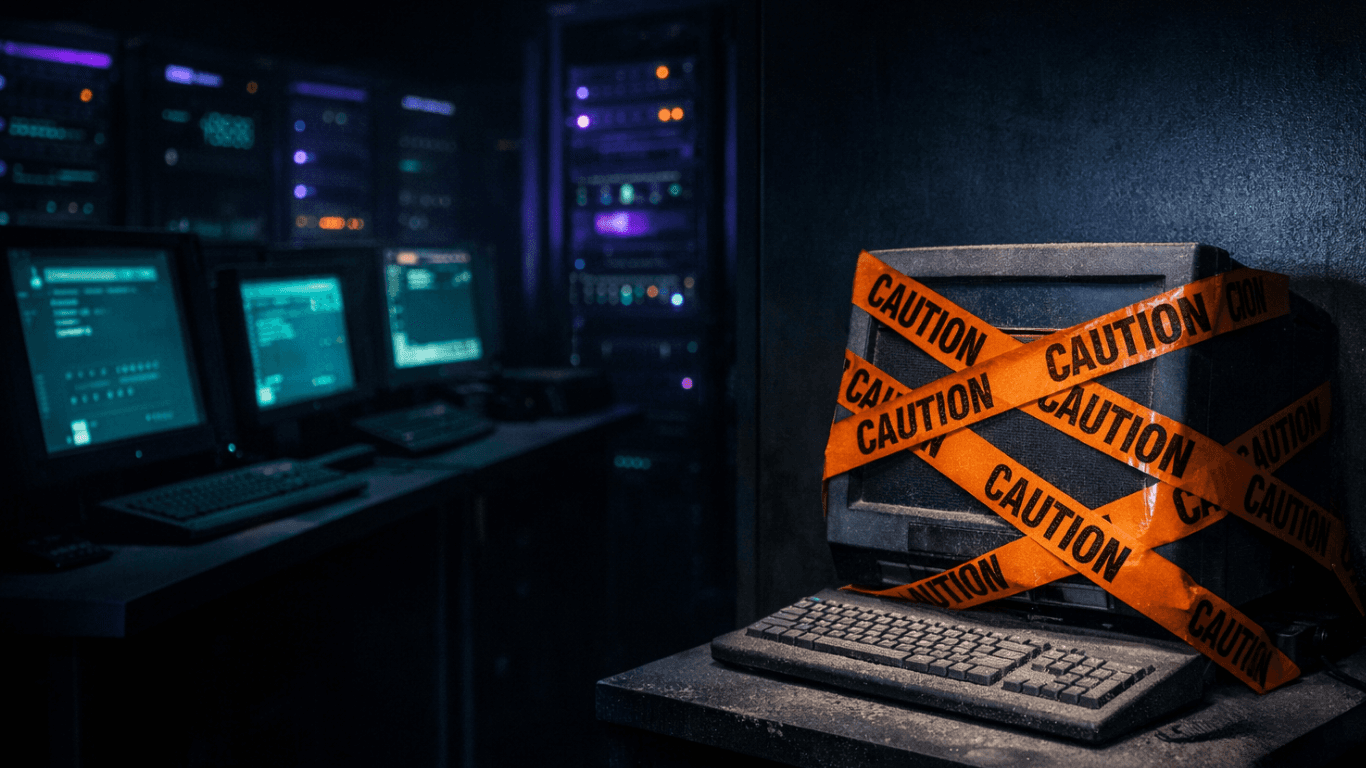 A dark server room with active teal-lit monitors in the background and a dusty old terminal wrapped in orange caution tape, abandoned and untouched