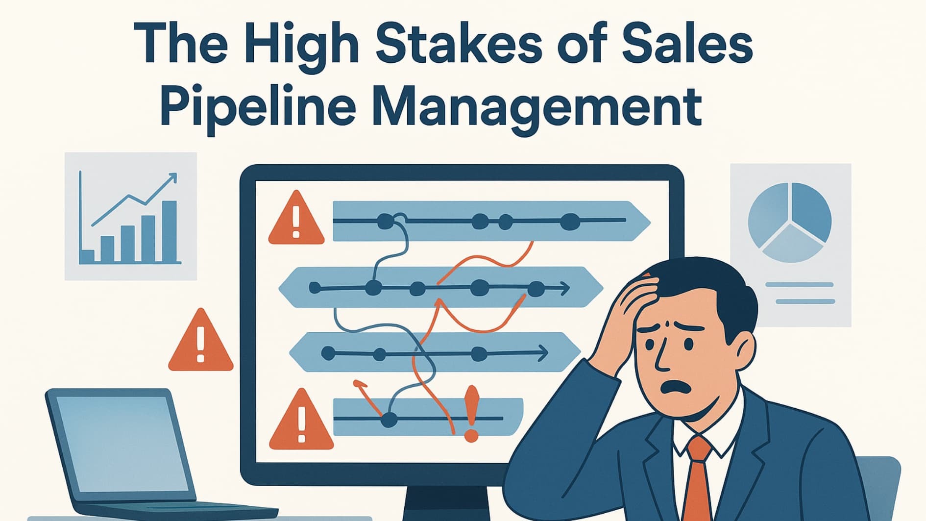 The critical impact of effective sales pipeline management, as illustrated through data, warning indicators, and a stressed sales professional grappling with the complexities.