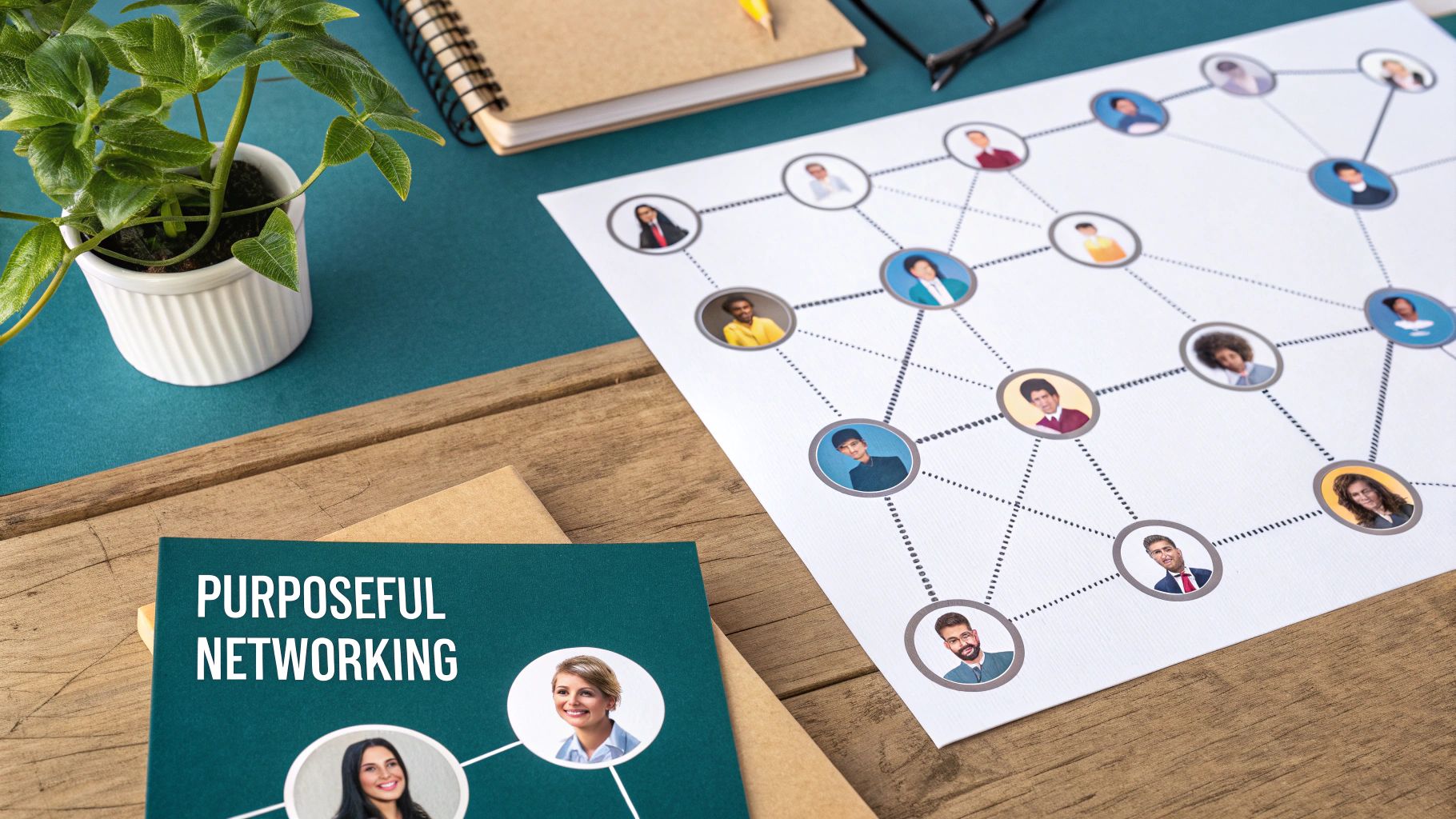 A strategic network map with a central person connected to various professional avatars, symbolizing intentional LinkedIn networking.