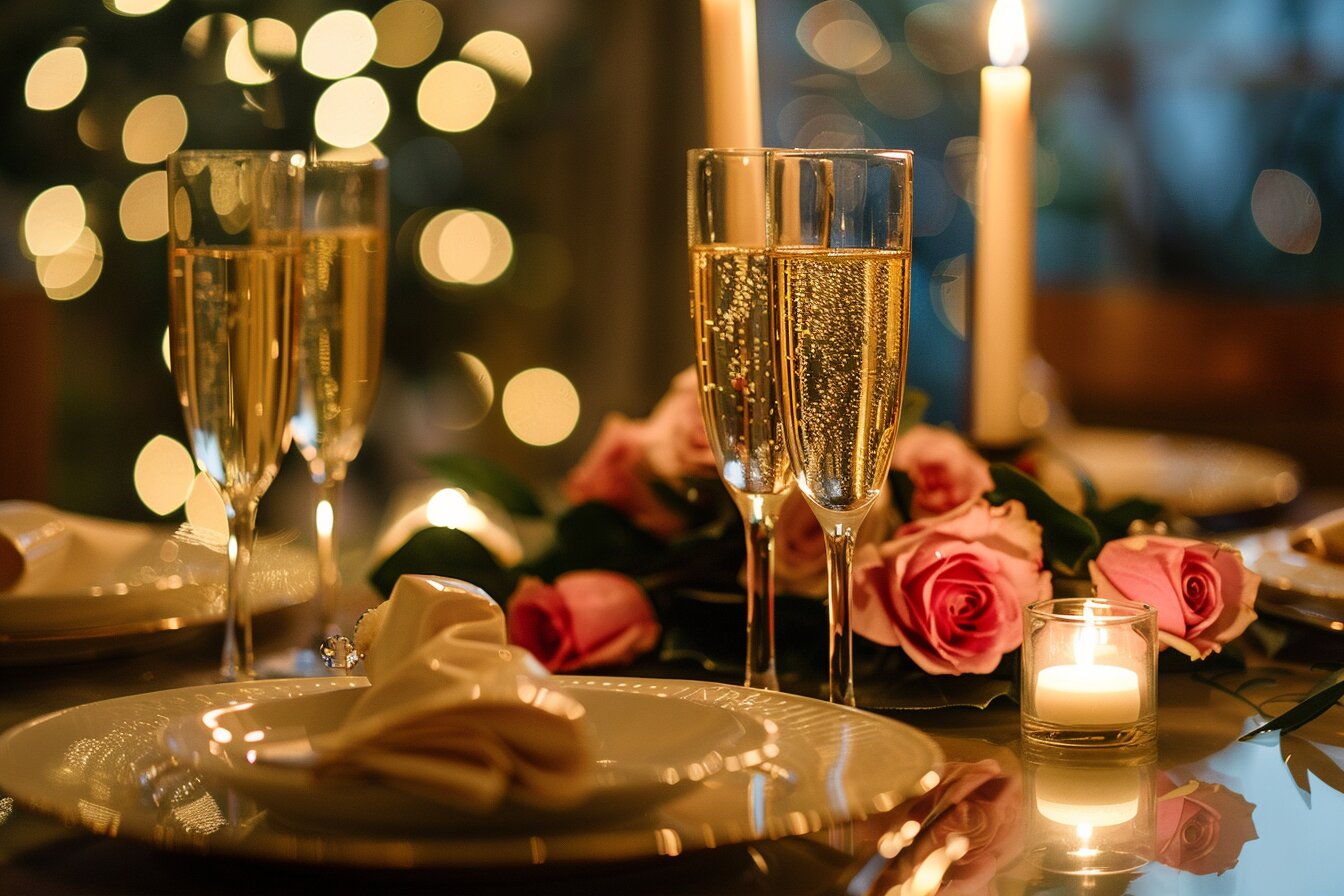 Romantic candlelit anniversary dinner for two with champagne and elegant plated dishes in a Houston home.