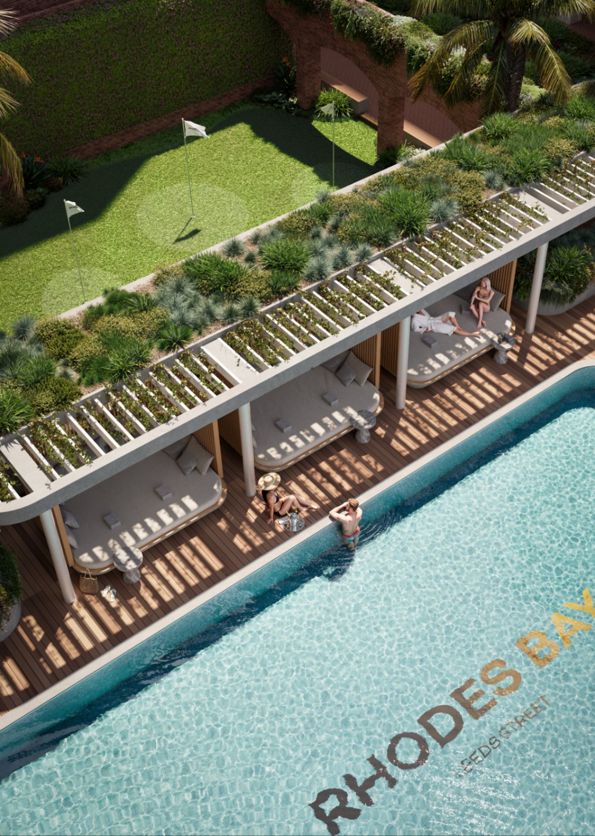 Resort-style swimming pool at Rhodes Bay with cabanas, landscaped gardens, and leisure spaces designed for relaxation and wellness.