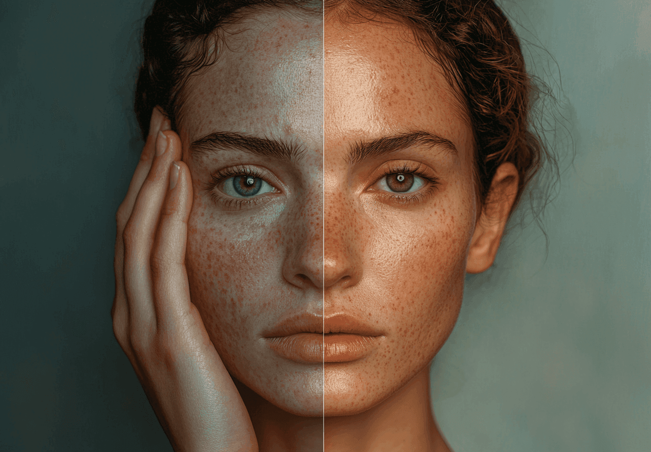 Efekty terapii przebarwień – zbliżenie na skórę przed i po zabiegu, redukcja plam pigmentacyjnych.