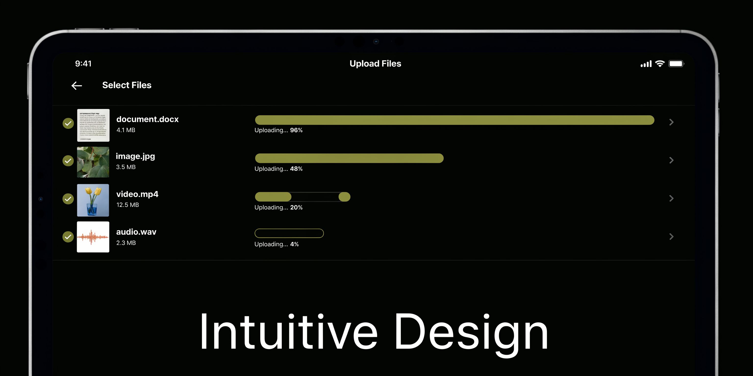 A tablet screen displaying a multi-file upload interface with progress bars for various document types.