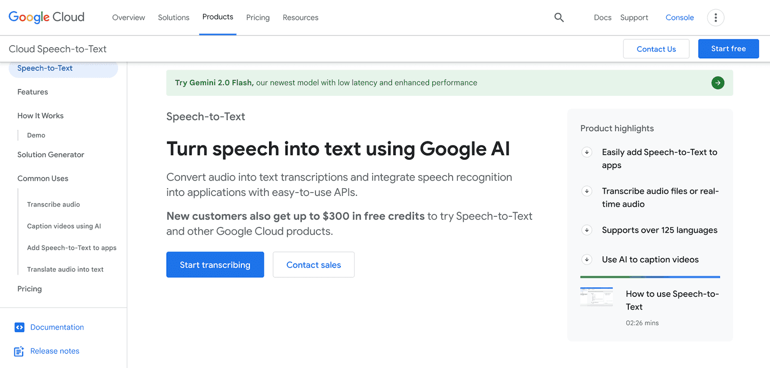 Google Cloud Speech-to-Text homepage