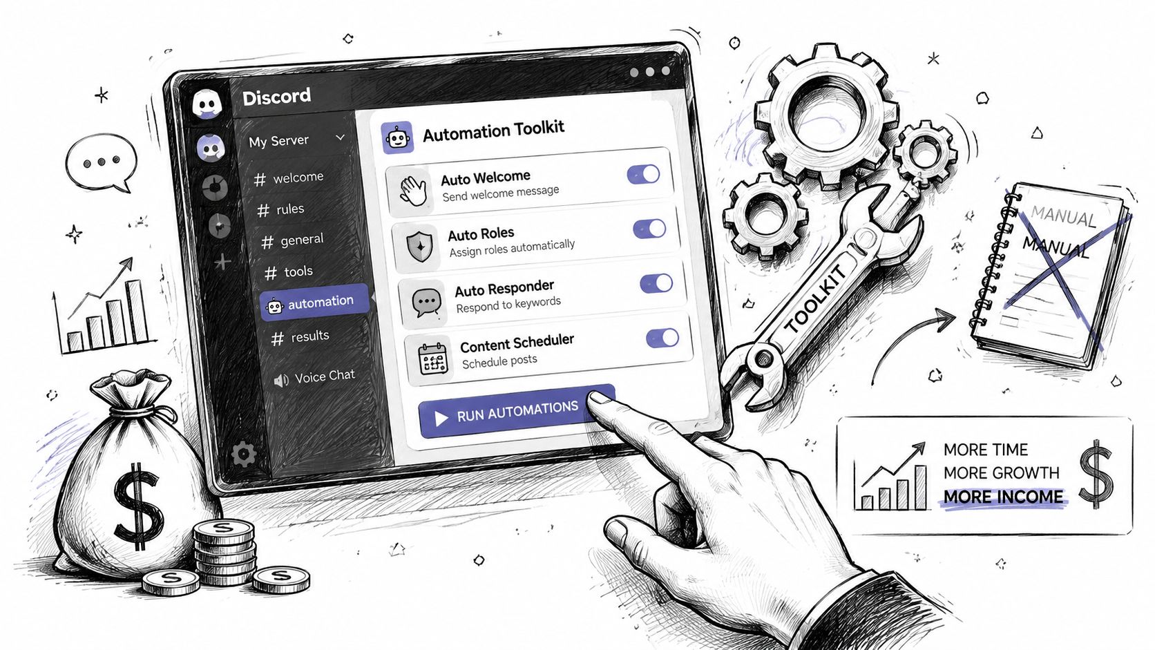 A hand selecting digital automation tools on a tablet screen to optimize Discord server management and growth.