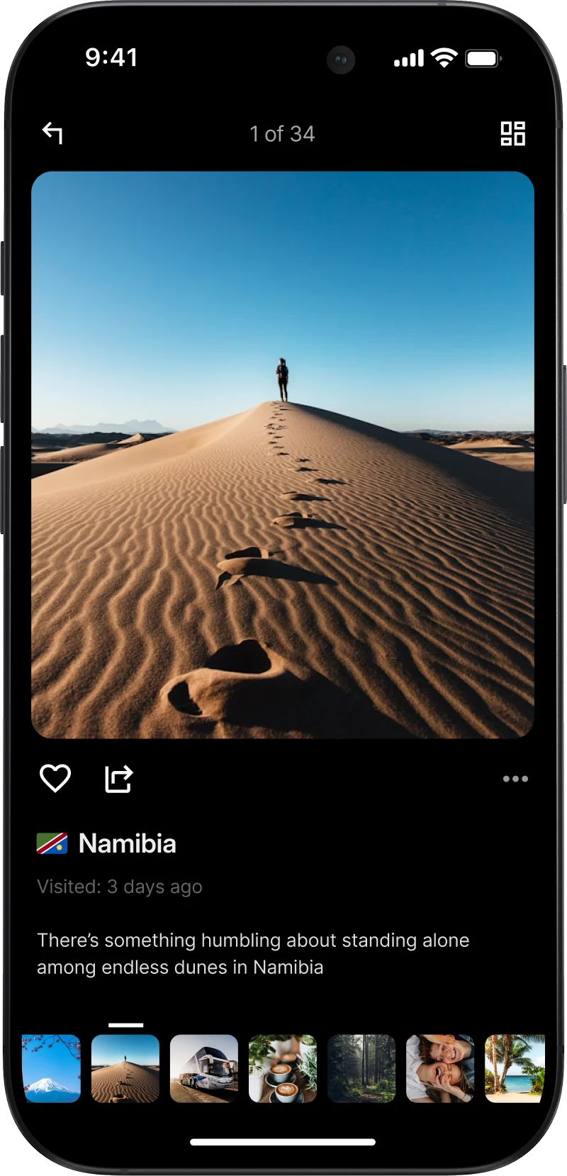 Travel photo viewer displaying a desert landscape in Namibia with travel memories, location, and photo gallery.