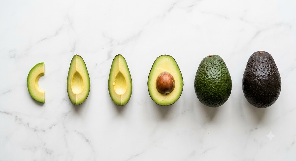 An overhead, flat-lay photograph on a white marble countertop showing different avocado serving sizes in a precise sequence: a single slice, a half without a pit, a half with the pit, a whole green avocado, and a whole ripe black avocado.