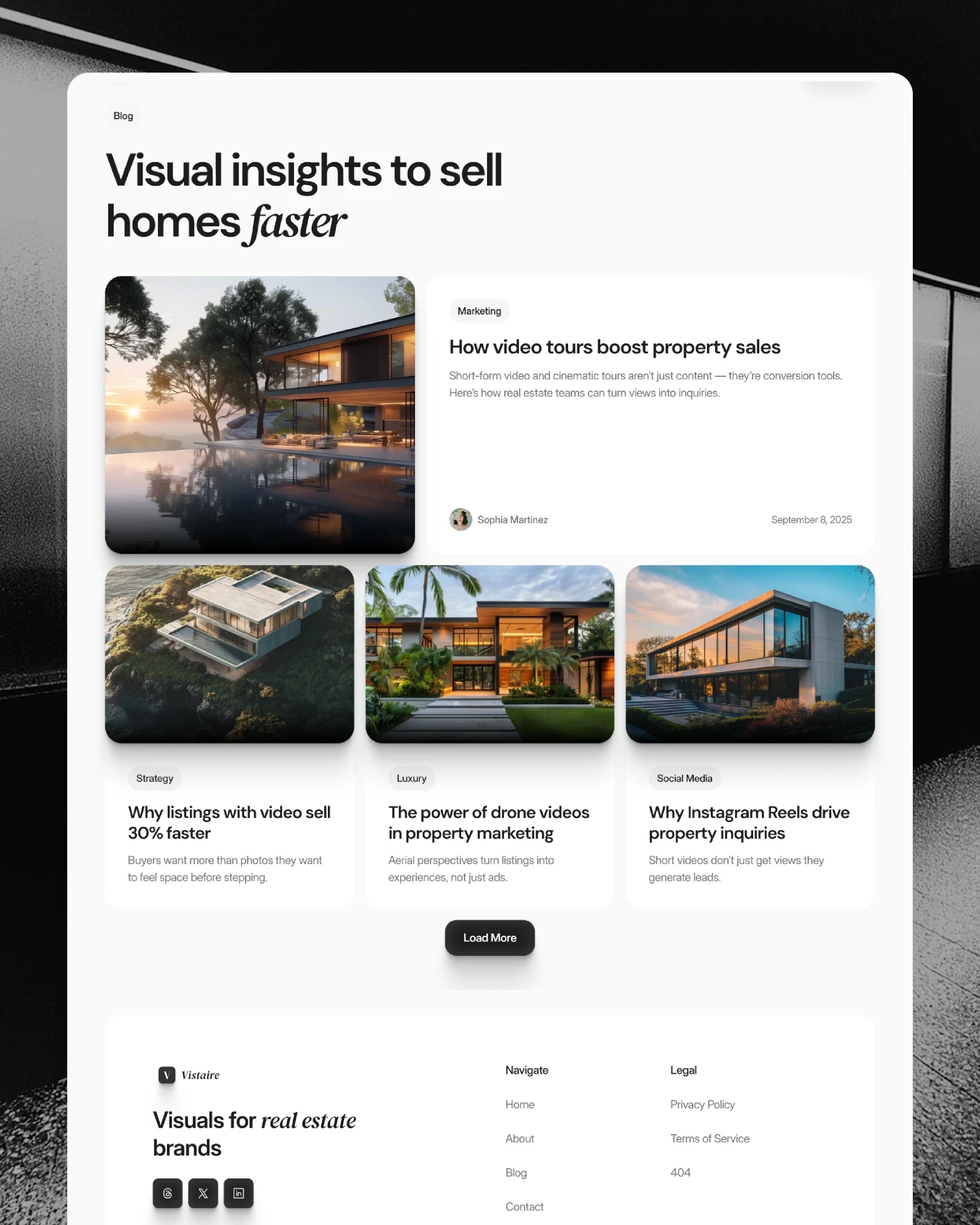 Vistaire blog section with real estate marketing articles and property imagery — web design by Luna UI design studio
