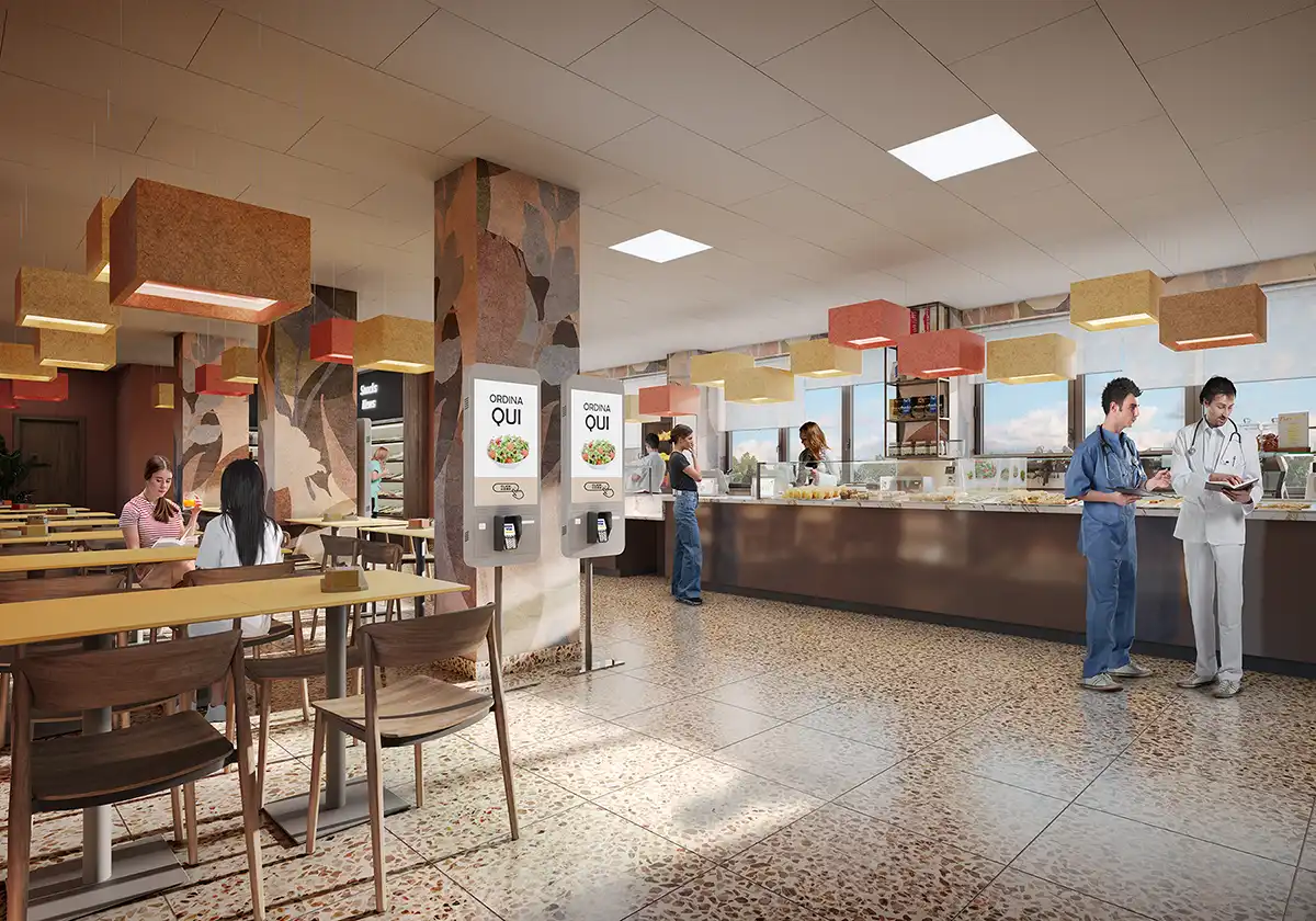 Self-ordering station in a modern cafeteria with "ORDINA QUI" kiosks, wooden tables, and medical staff. Interior design for hospital or corporate dining area.