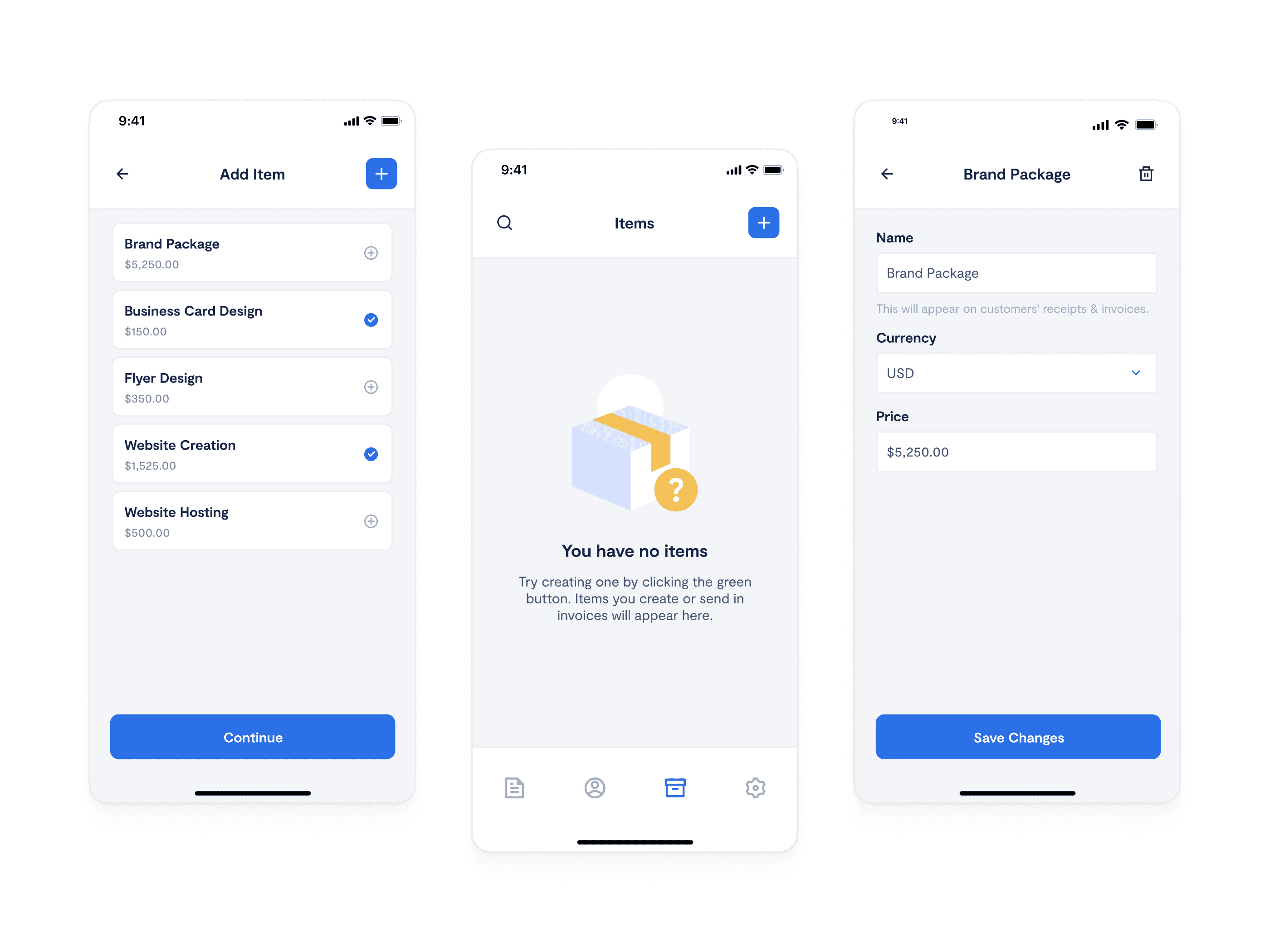 Three mobile screens showing item addition, empty items list, and item details for a brand package.