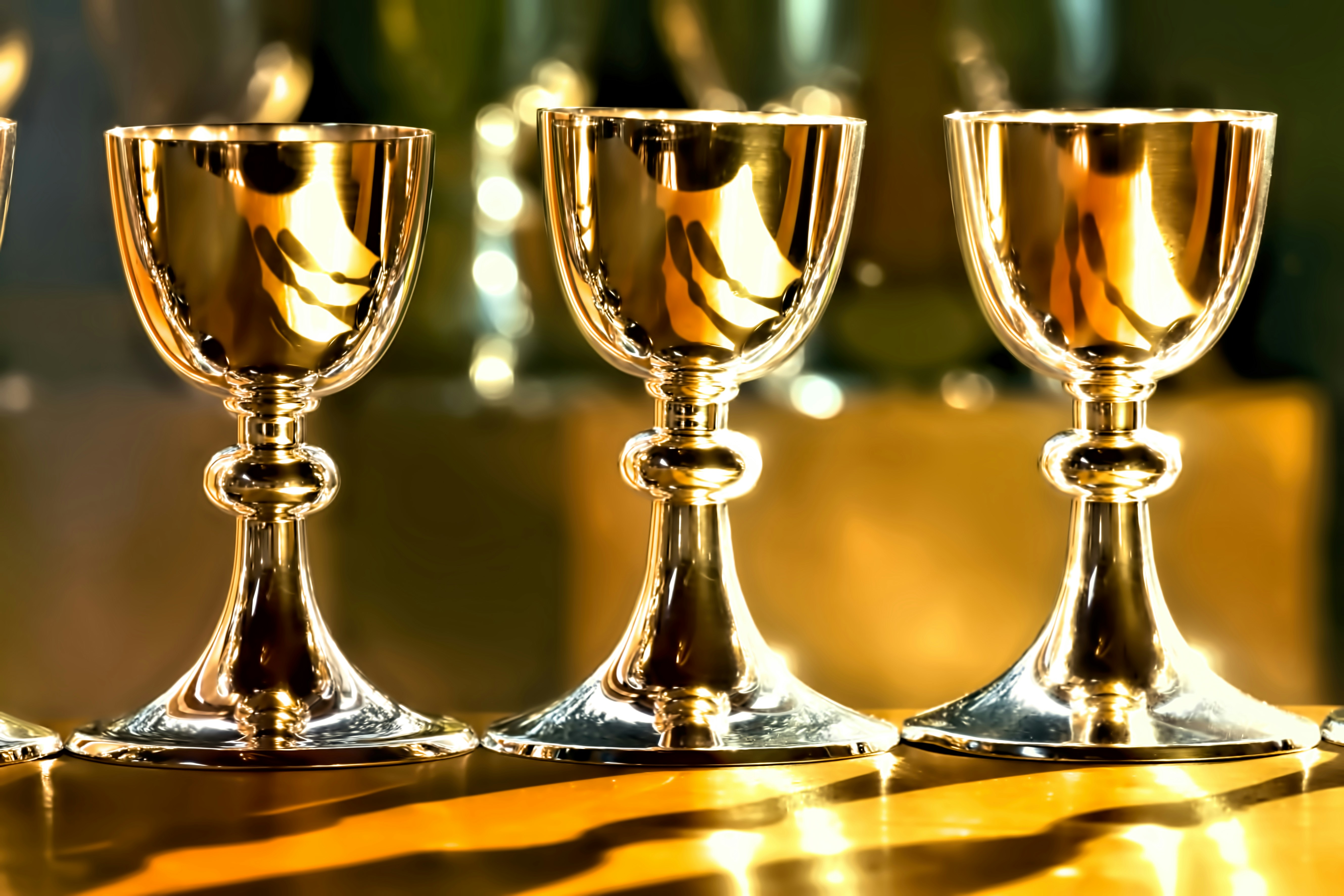Three polished gold goblets lined up on a reflective surface