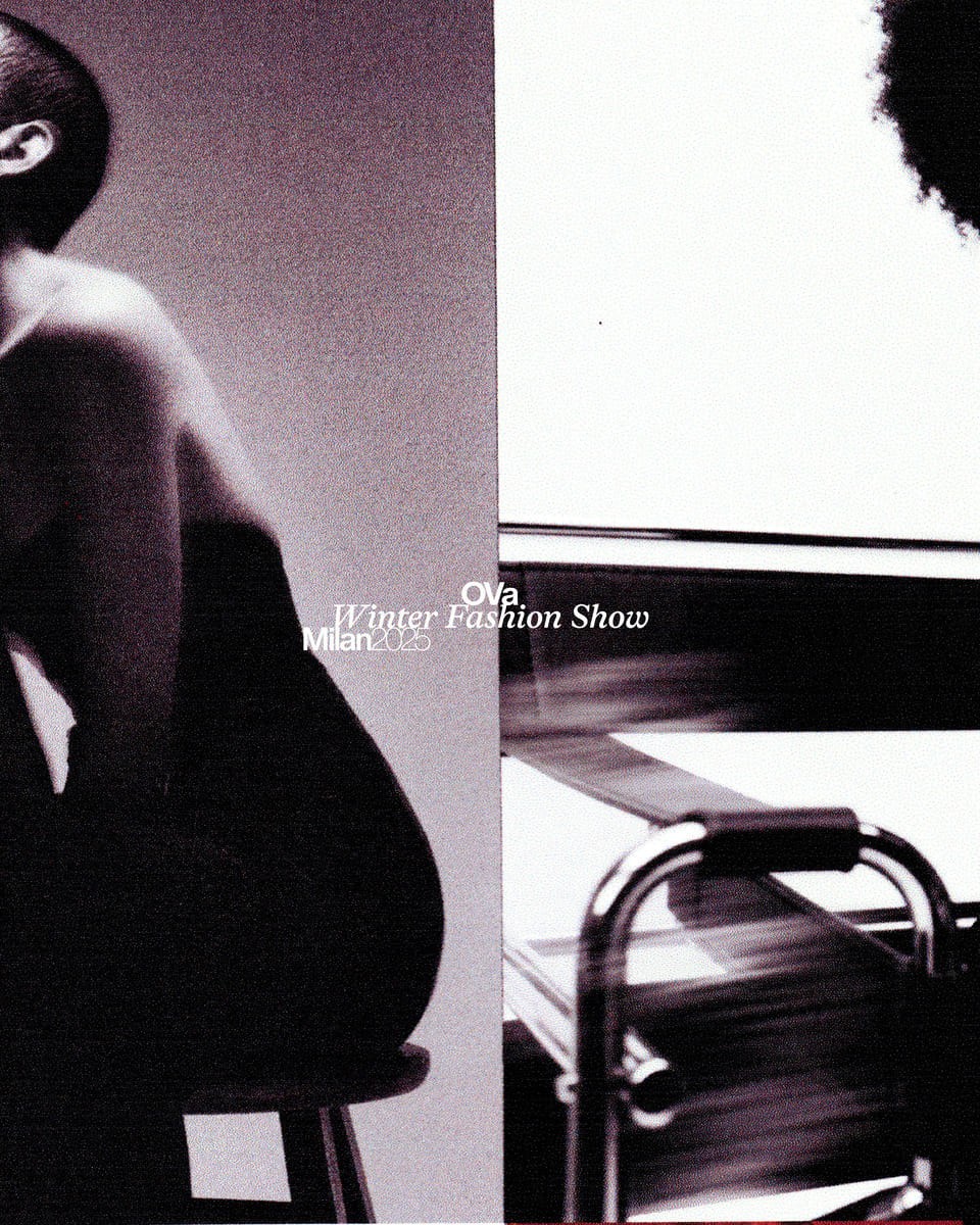 Layout design mixing photos of a model with text, promoting the winter fashion show of Milan.