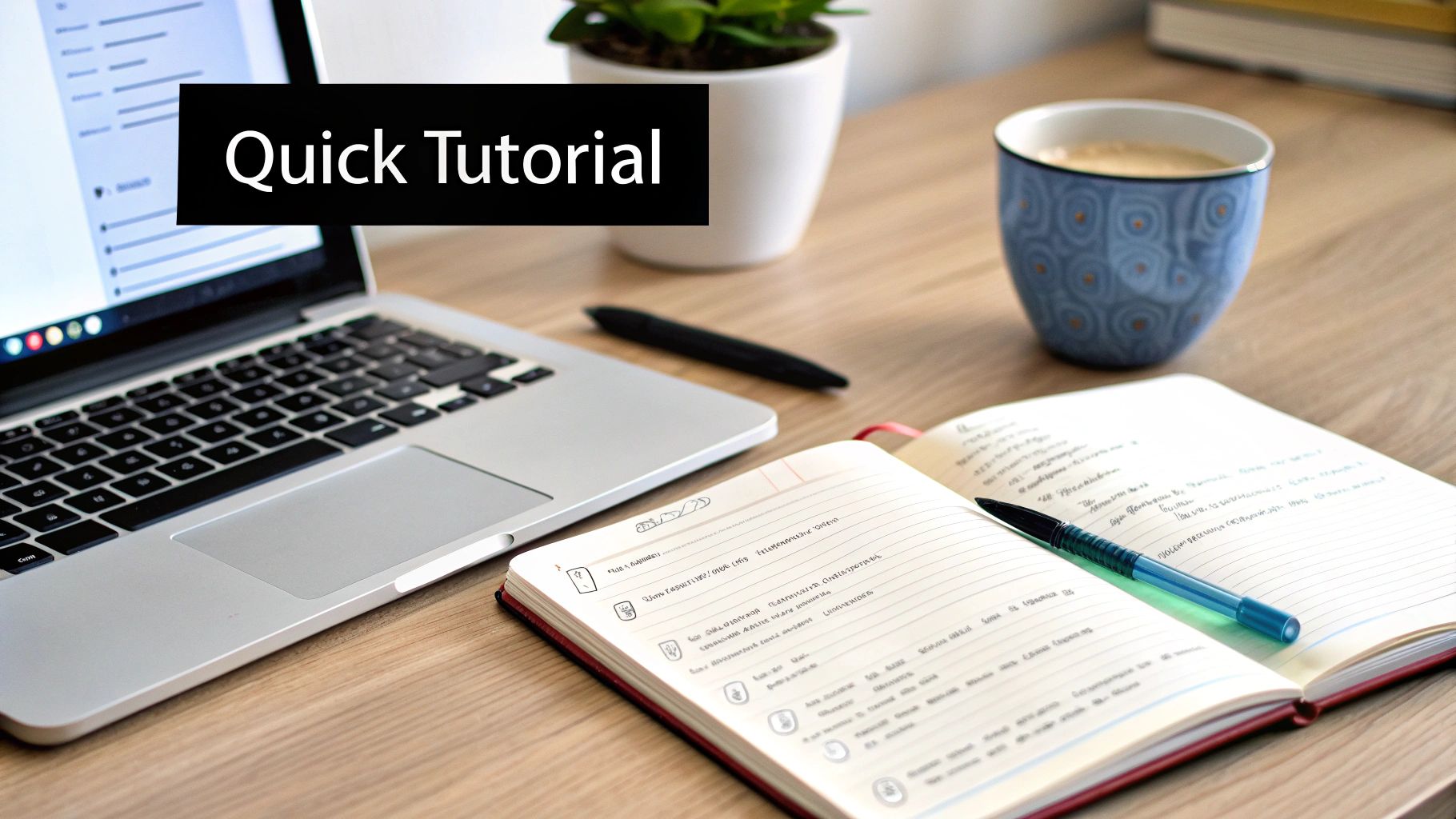 A desk with a laptop displaying a 'Quick Tutorial' banner, an open notebook, a pen, coffee, and a plant.
