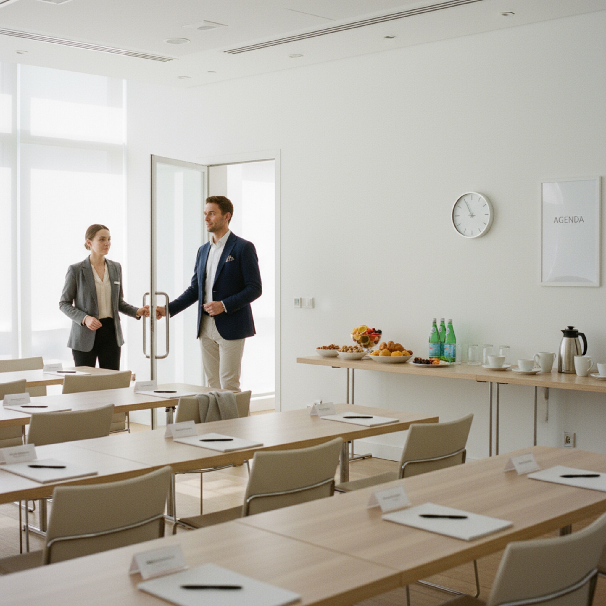 Ein heller Seminarraum ist für einen Workshop vorbereitet. Namensschilder liegen an den Plätzen, eine schmale Station mit Snacks und Getränken steht seitlich bereit. Ein Gast betritt den Raum, ein Mitarbeiter hält höflich die Tür auf. Die Atmosphäre signalisiert klare Abläufe, Gastfreundschaft und Sorgfalt.