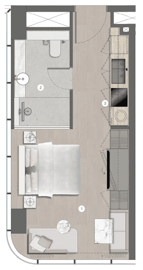 Layout of a compact apartment with designated kitchen, living room, and bathroom areas, titled "Trio Isle."
