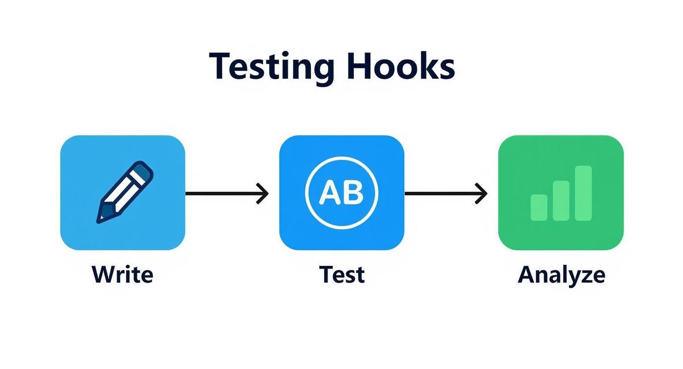 Infographic showing a three-step process flow for testing LinkedIn hooks: Write (pencil icon), Test (AB split icon), and Analyze (bar chart icon).