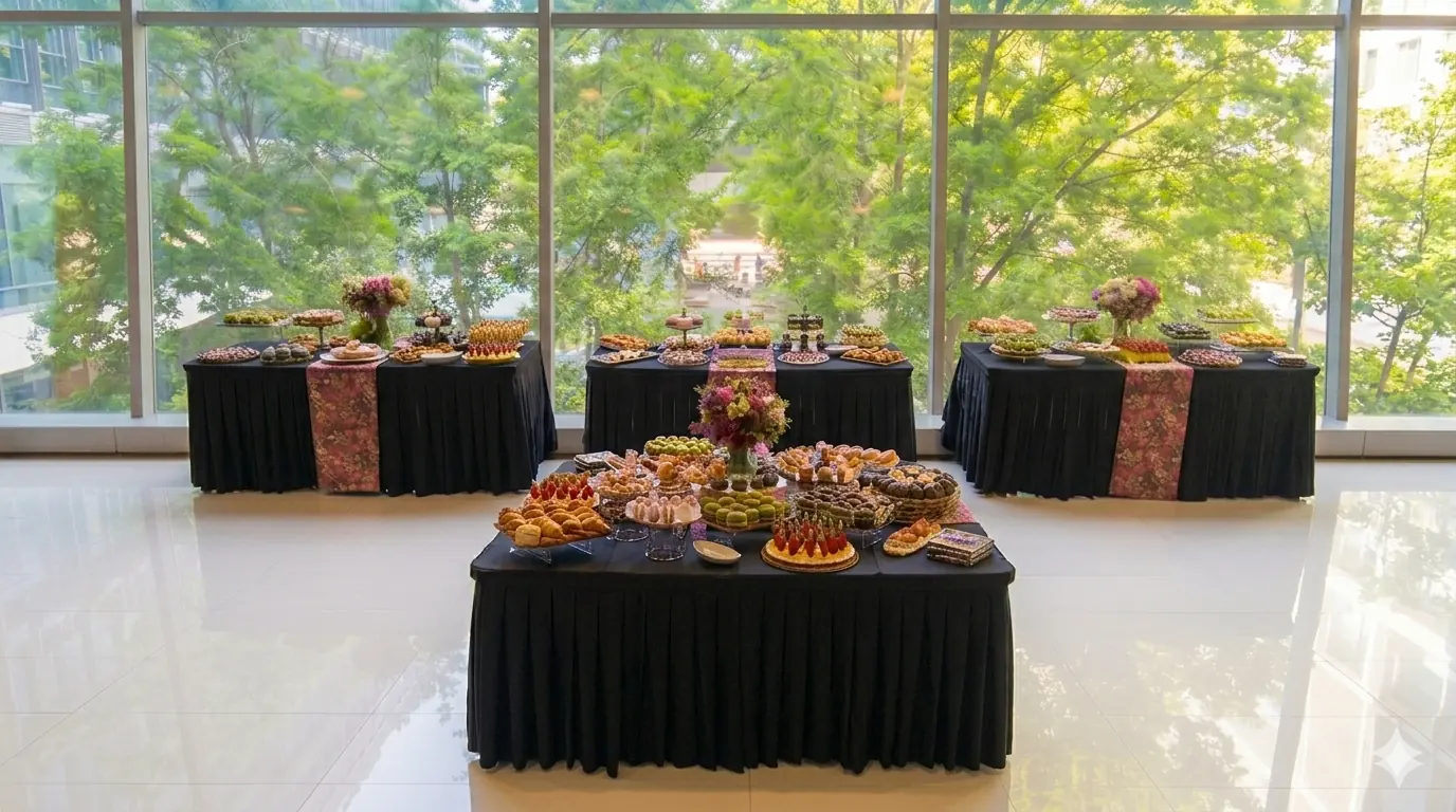 Mesas de cóctel dulce y postres para evento institucional en la Universidad de Chile CMM. Banquetería en Santiago.
