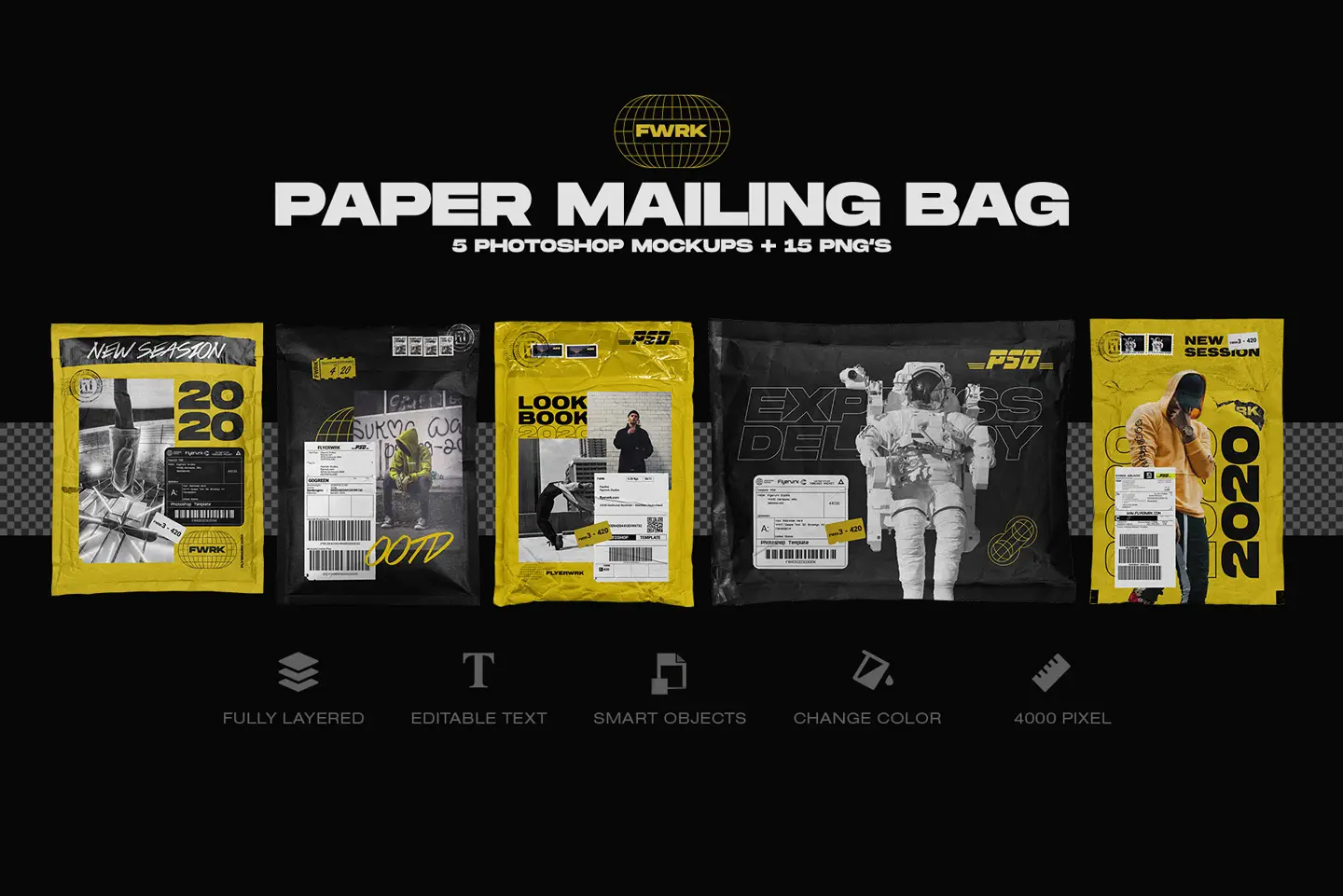 Paper mailing bag mockups full set preview showing multiple shipping packaging designs