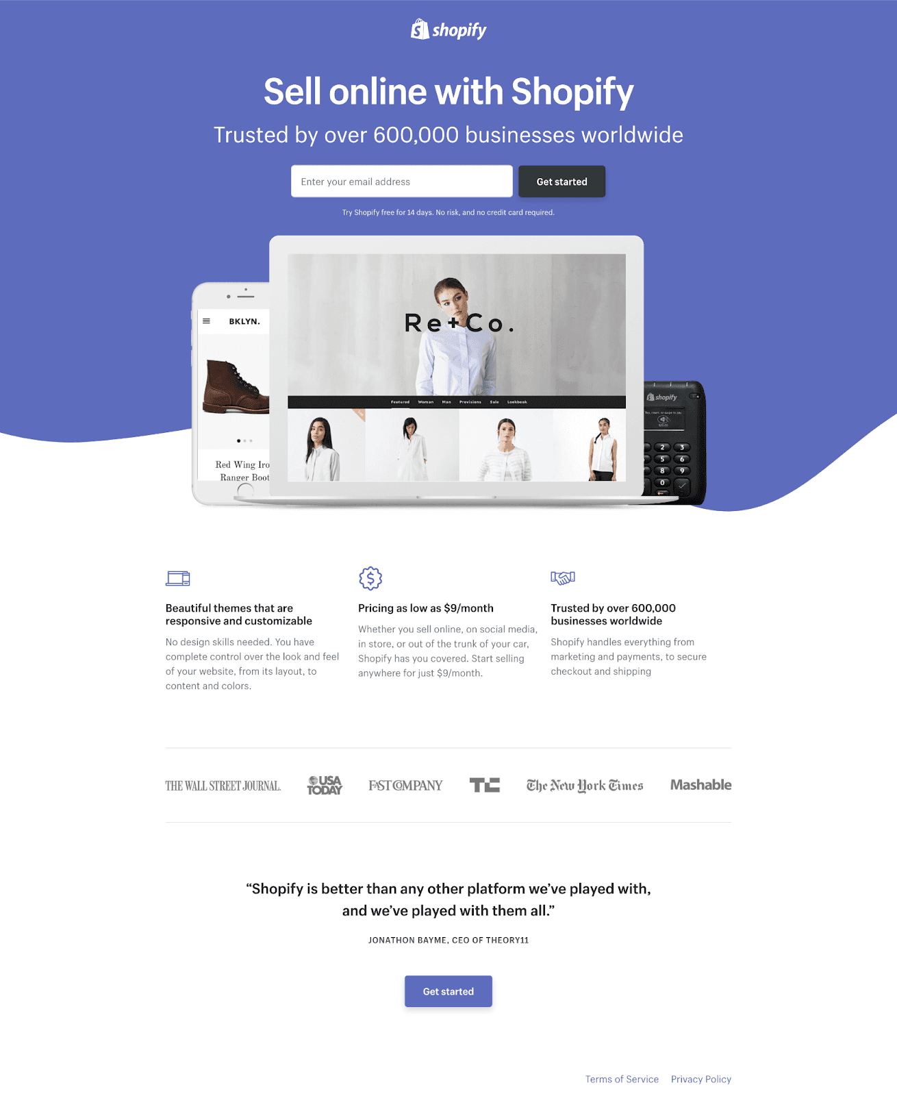 Shopify's landing page in a white and purple background with images of the phone alongside client association, testimonials, and more.